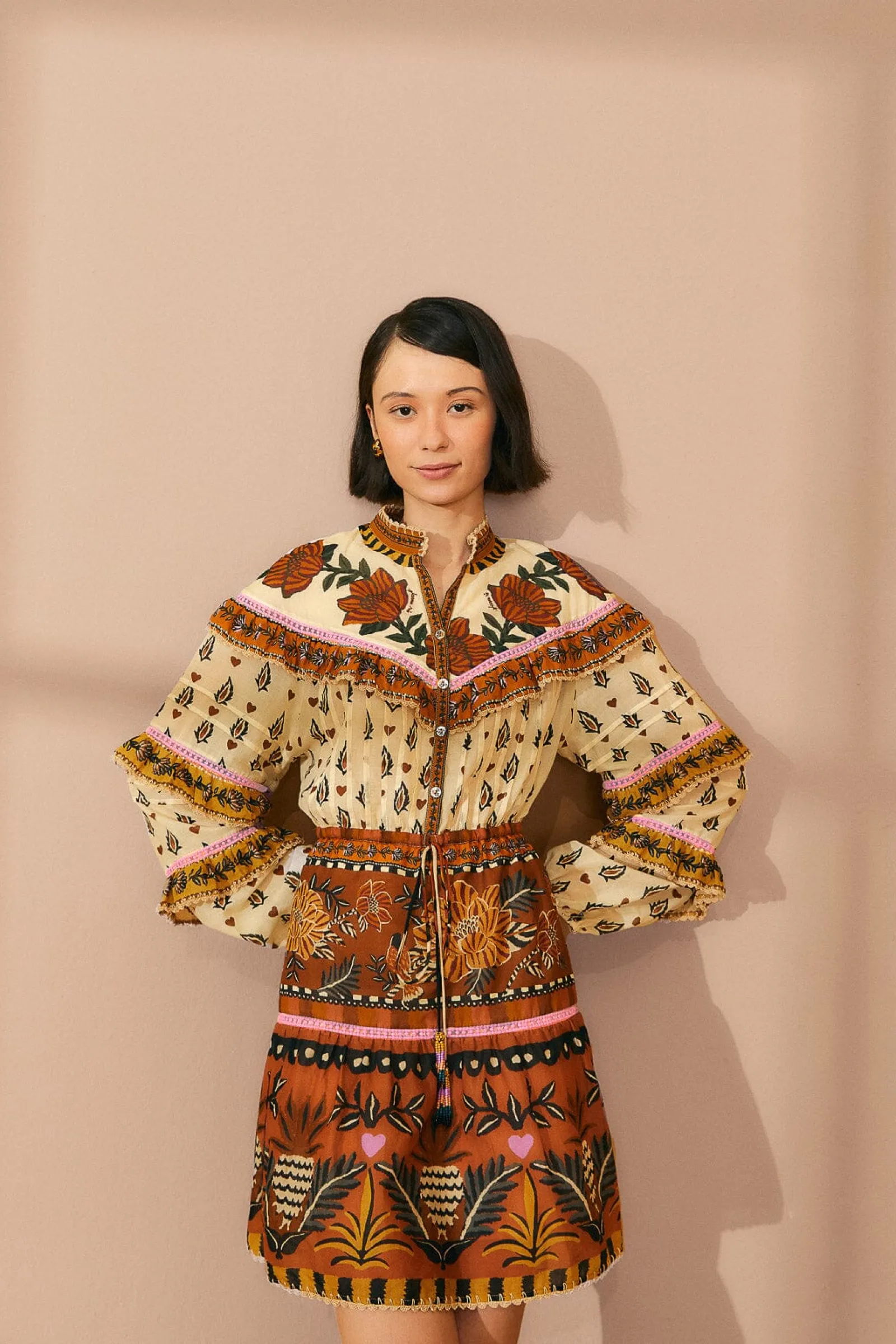  BEIGE AINIKA FLORAL RUFFLE MINI DRESS