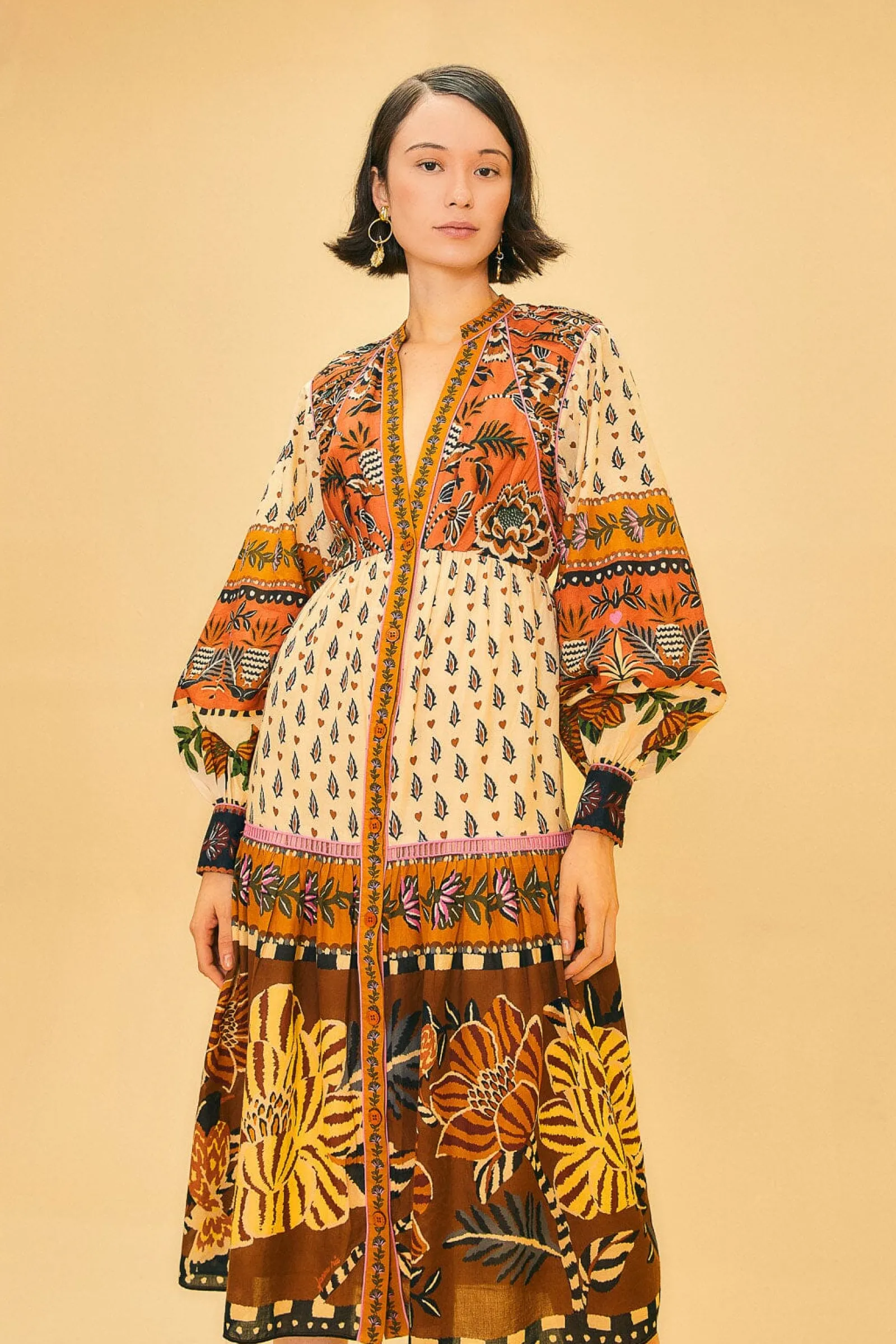  BEIGE AINIKA FLORAL V NECK MIDI DRESS