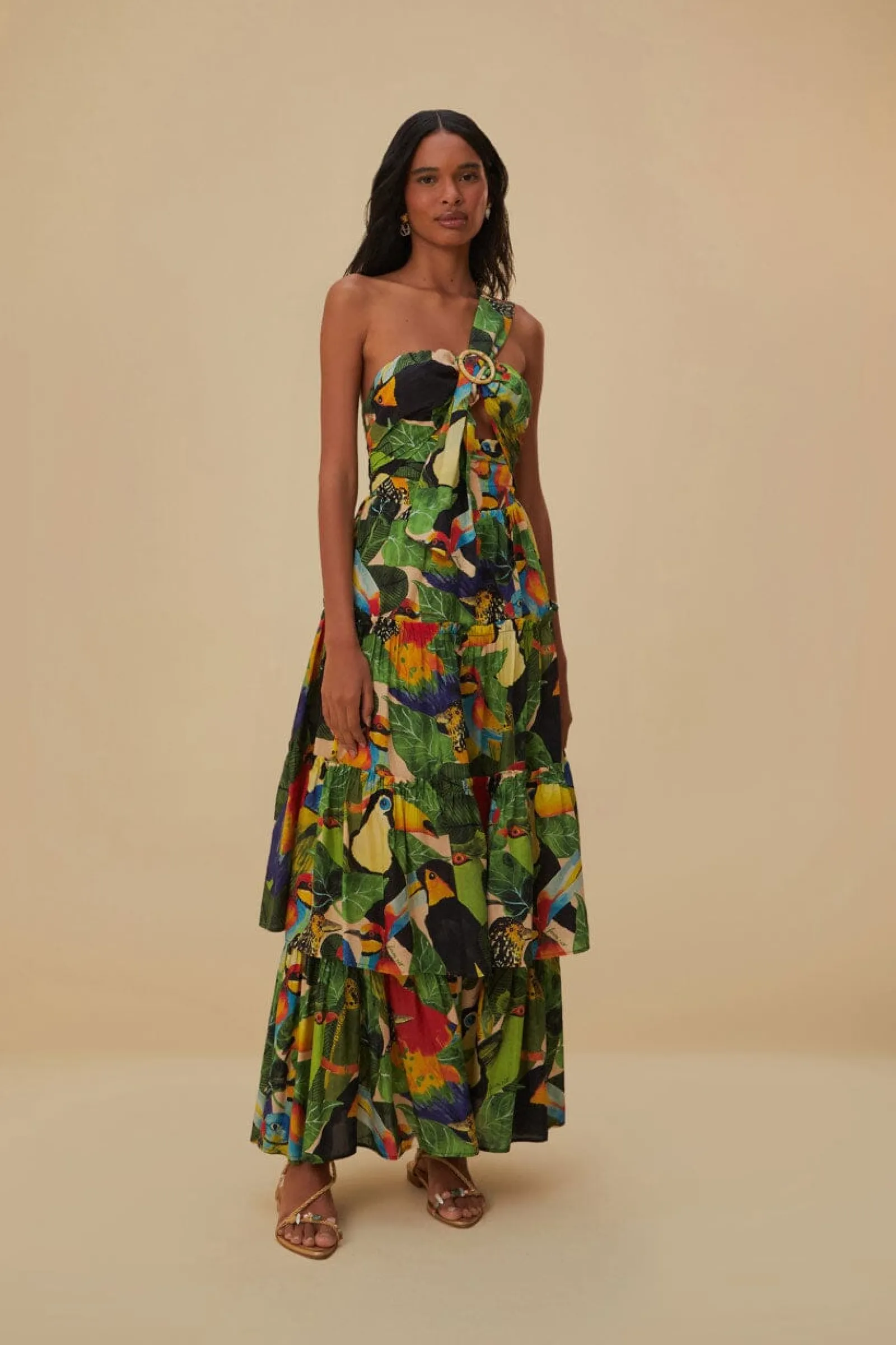  BIRD LEAVES SAND ONE SHOULDER MAXI DRESS