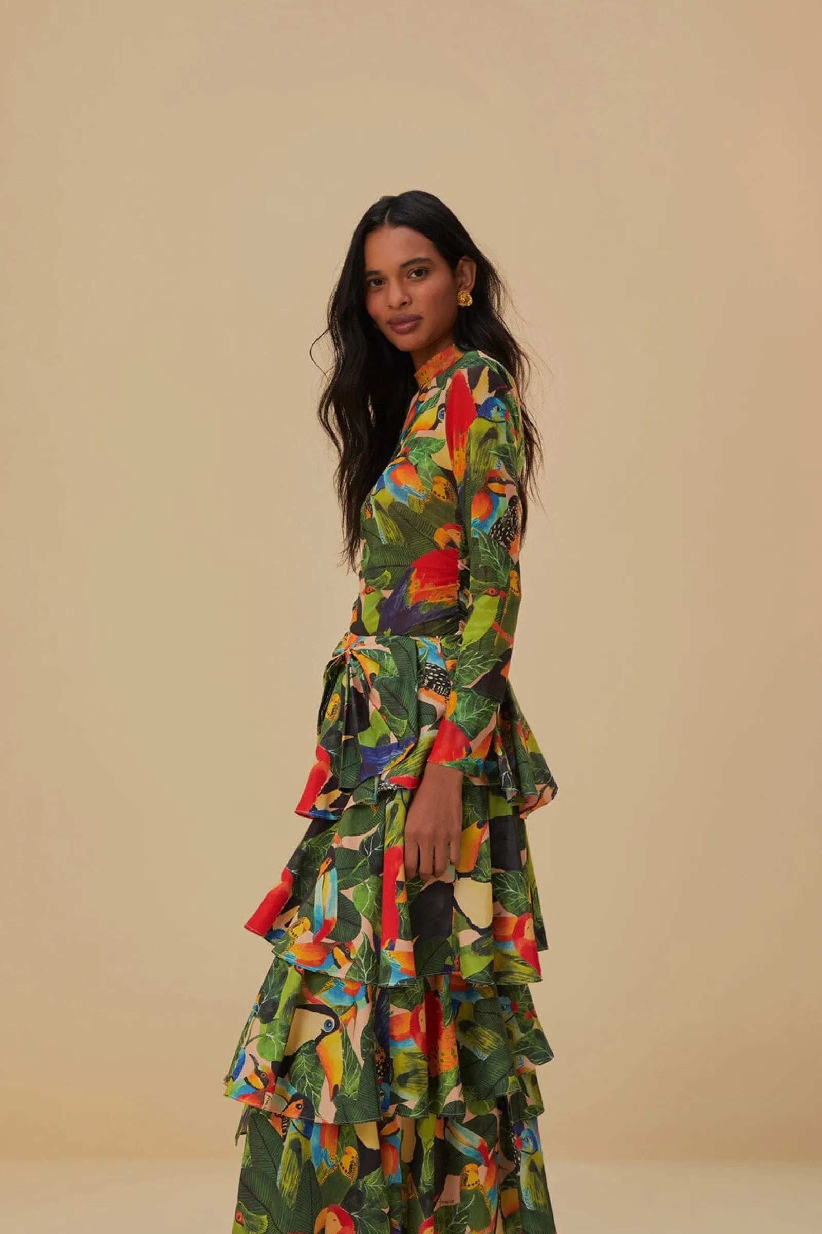 BIRD LEAVES SAND TIERED BOW DETAIL MAXI SKIRT