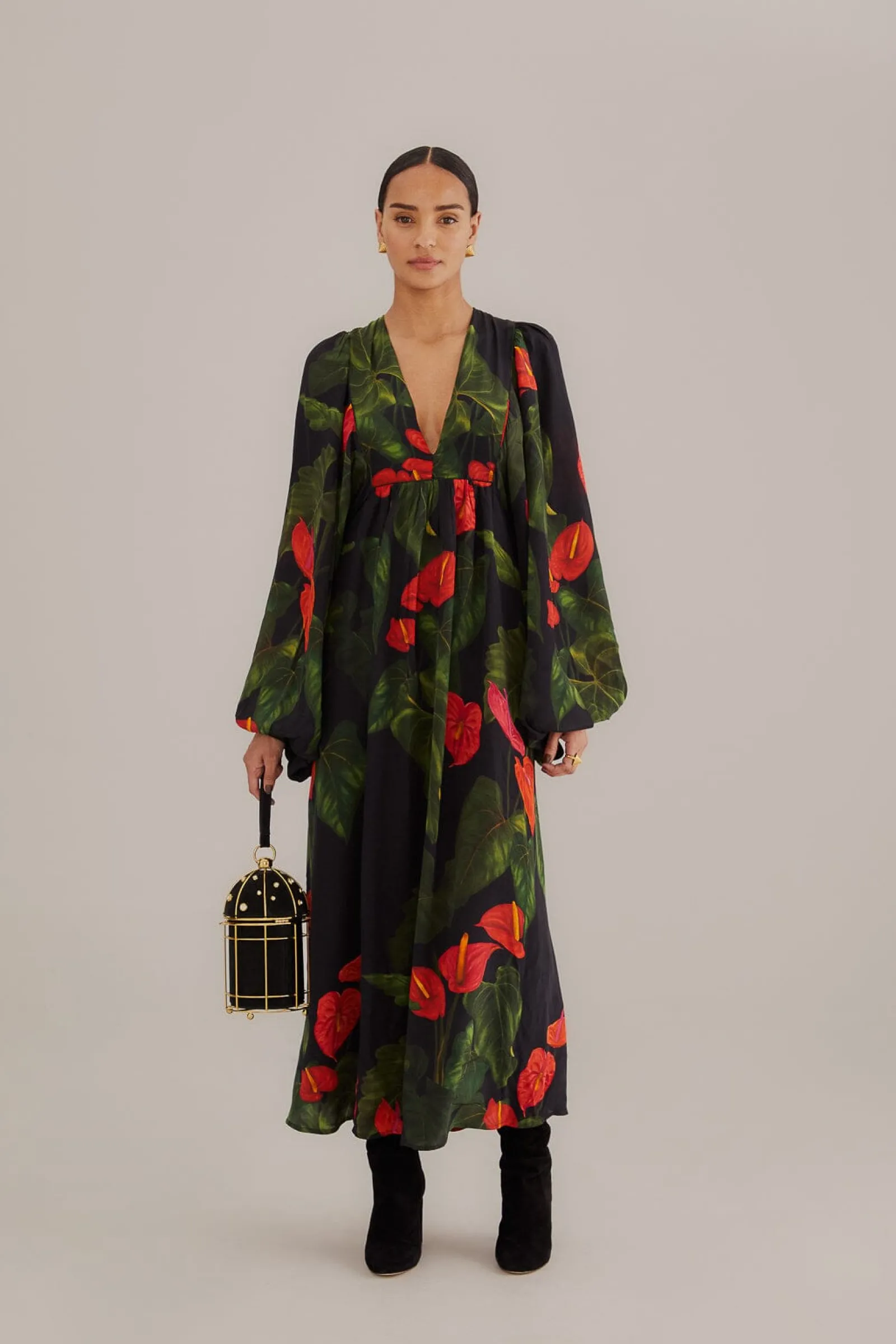  BLACK ANTHURIUM V NECK MAXI DRESS