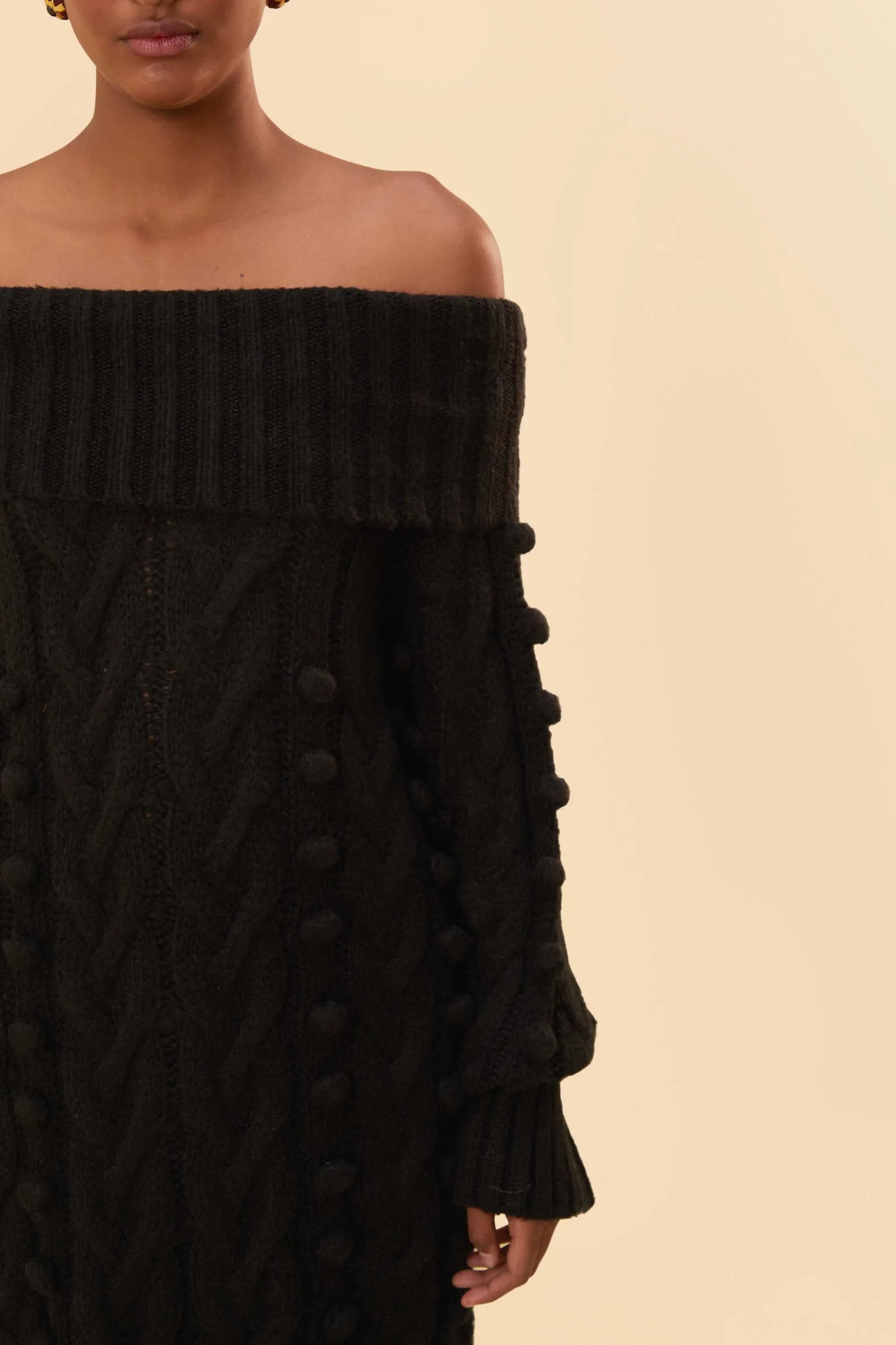 BLACK BRAIDED MIDI SWEATER DRESS
