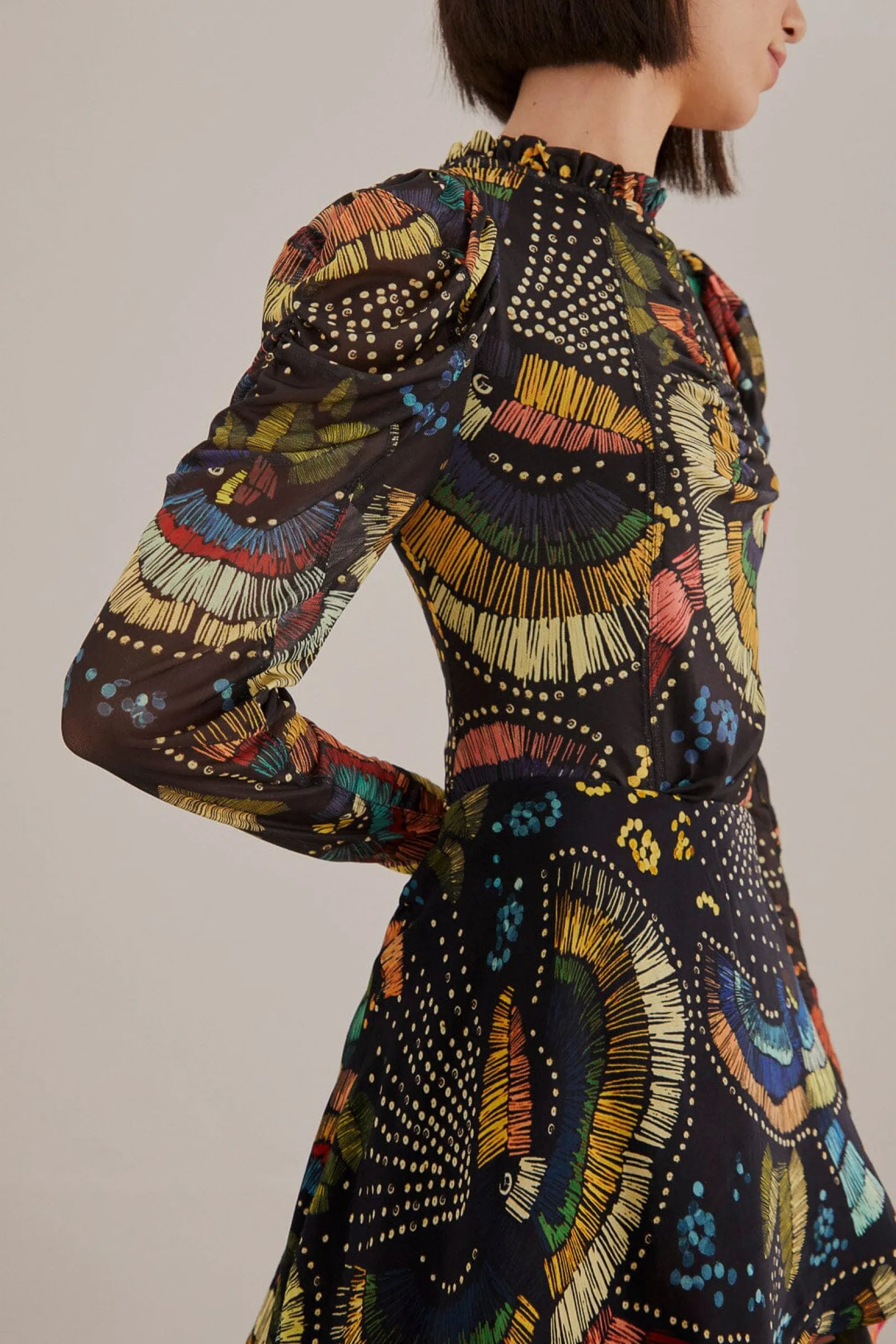 BLACK COLORFUL BIRDS TULLE BLOUSE