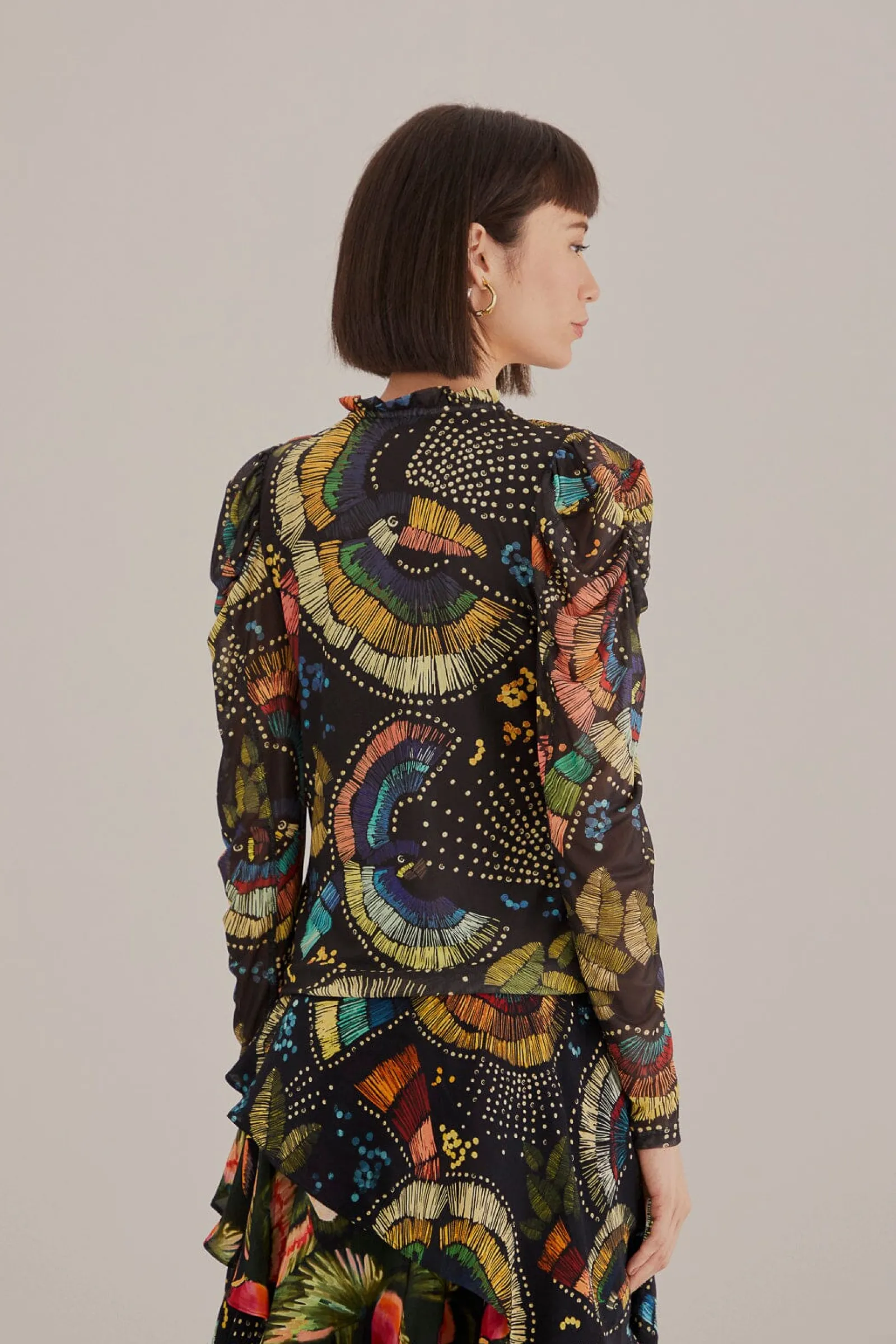 BLACK COLORFUL BIRDS TULLE BLOUSE