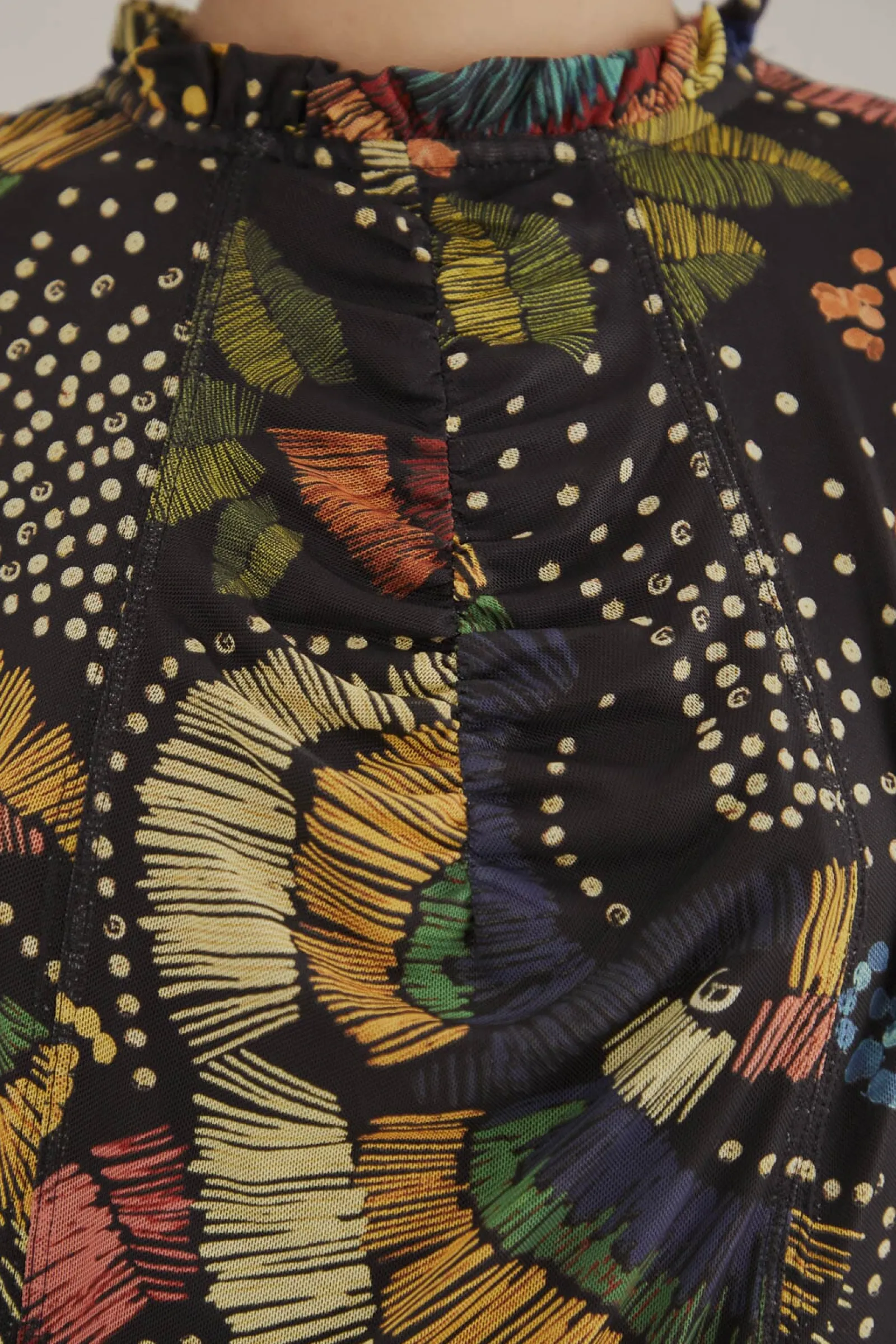 BLACK COLORFUL BIRDS TULLE BLOUSE