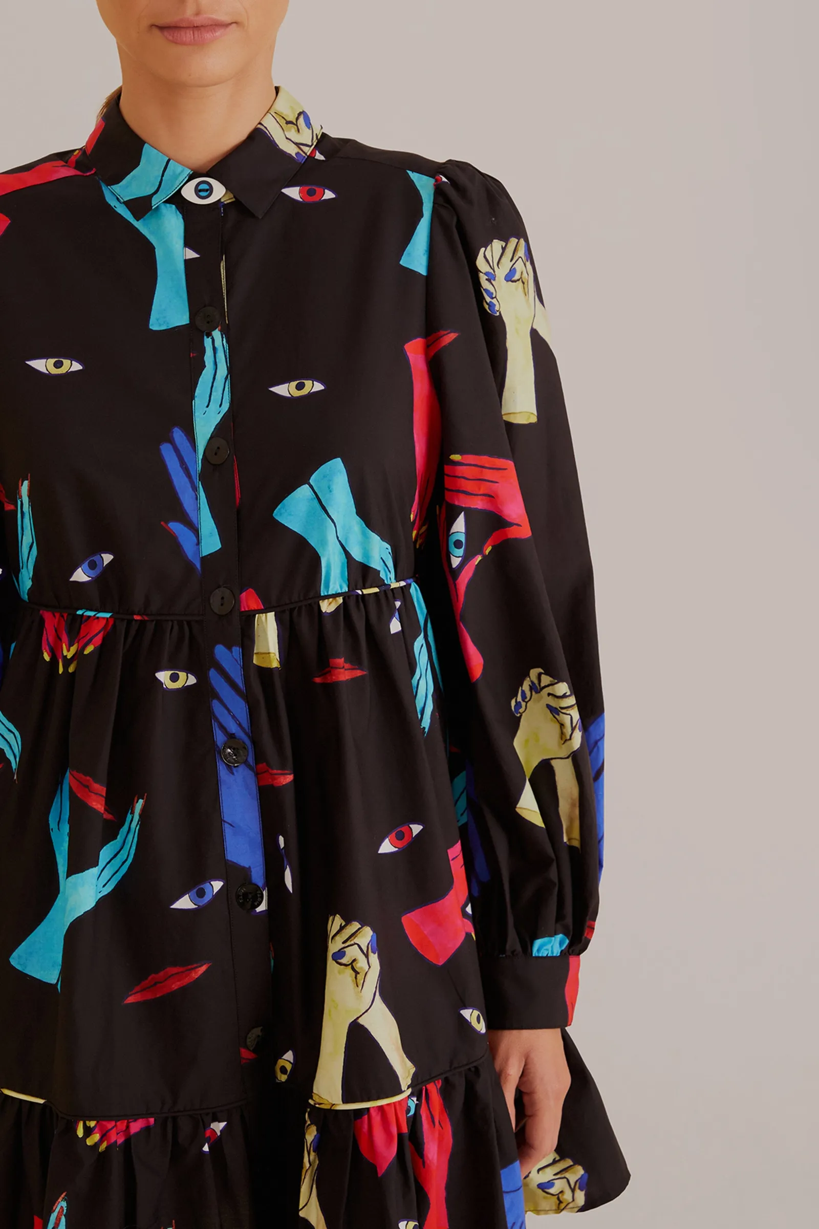 BLACK COLORFUL TOGETHER LONG SLEEVE MINI DRESS