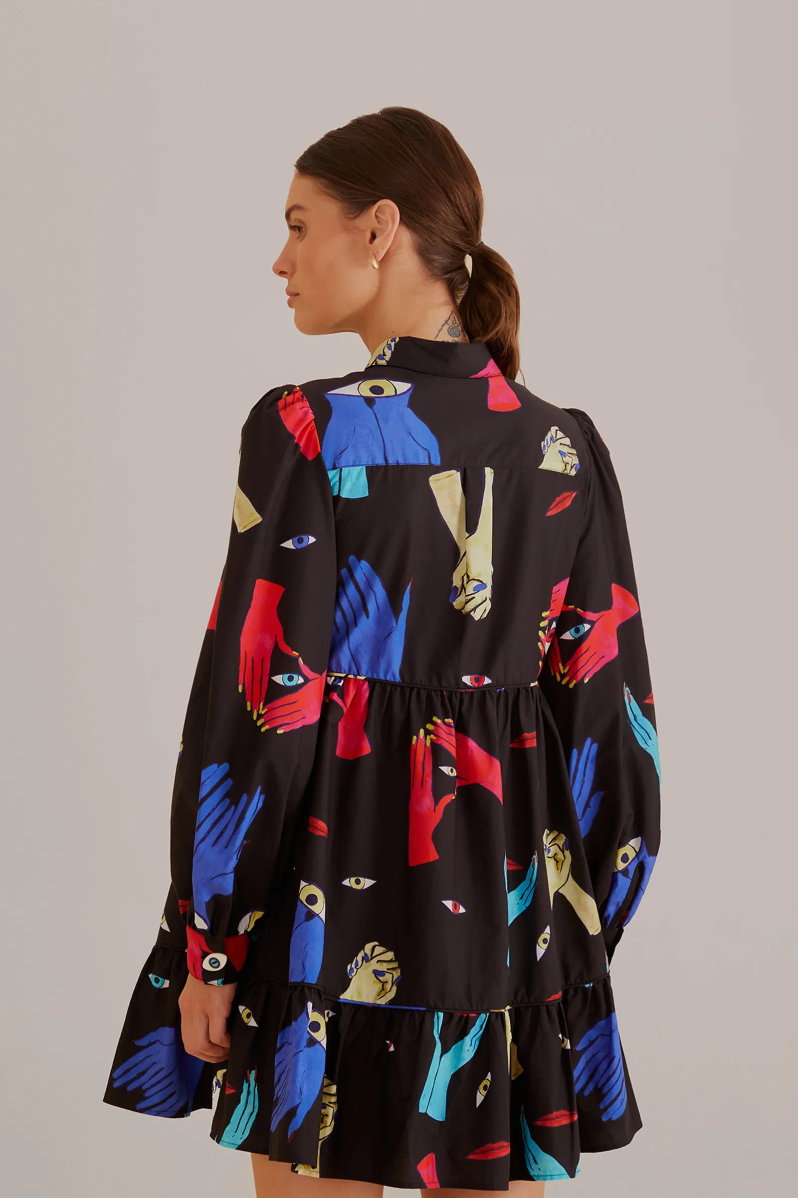 BLACK COLORFUL TOGETHER LONG SLEEVE MINI DRESS