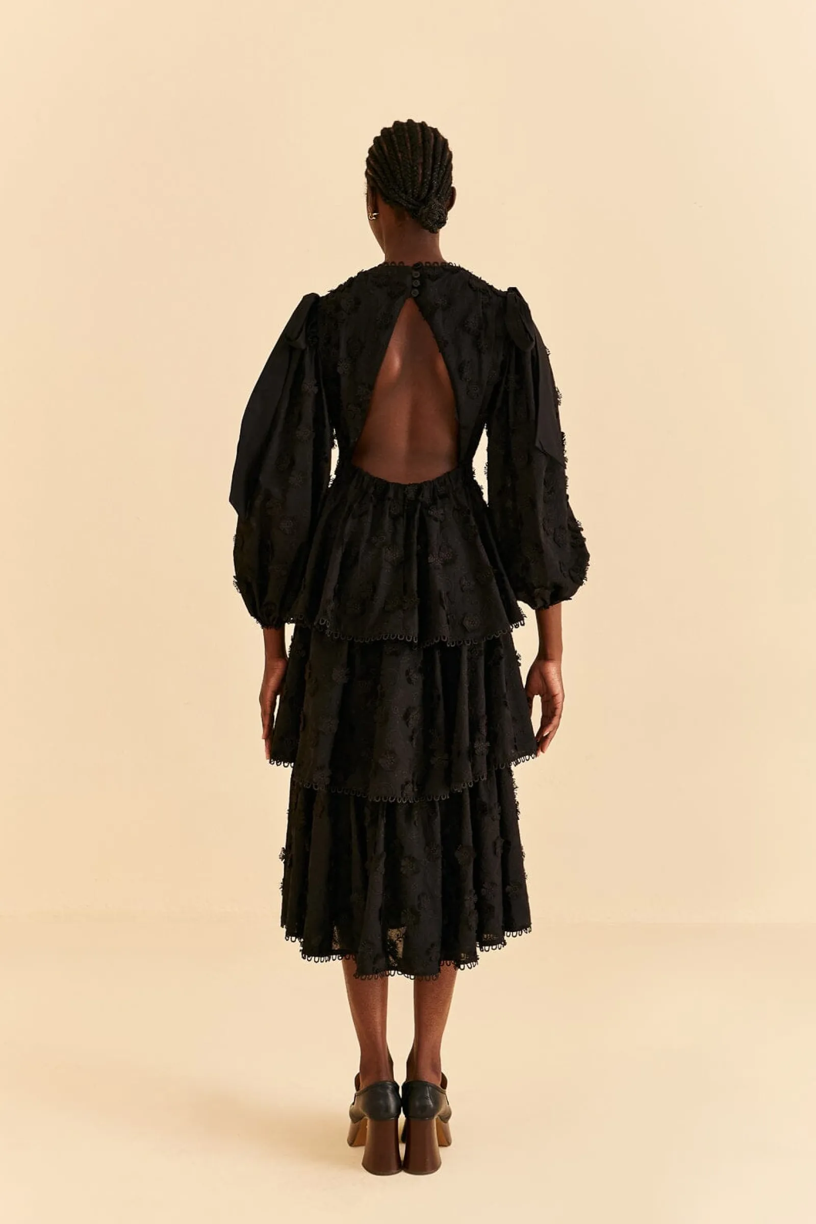 BLACK FLOWERS TEXTURED TIERED MIDI DRESS