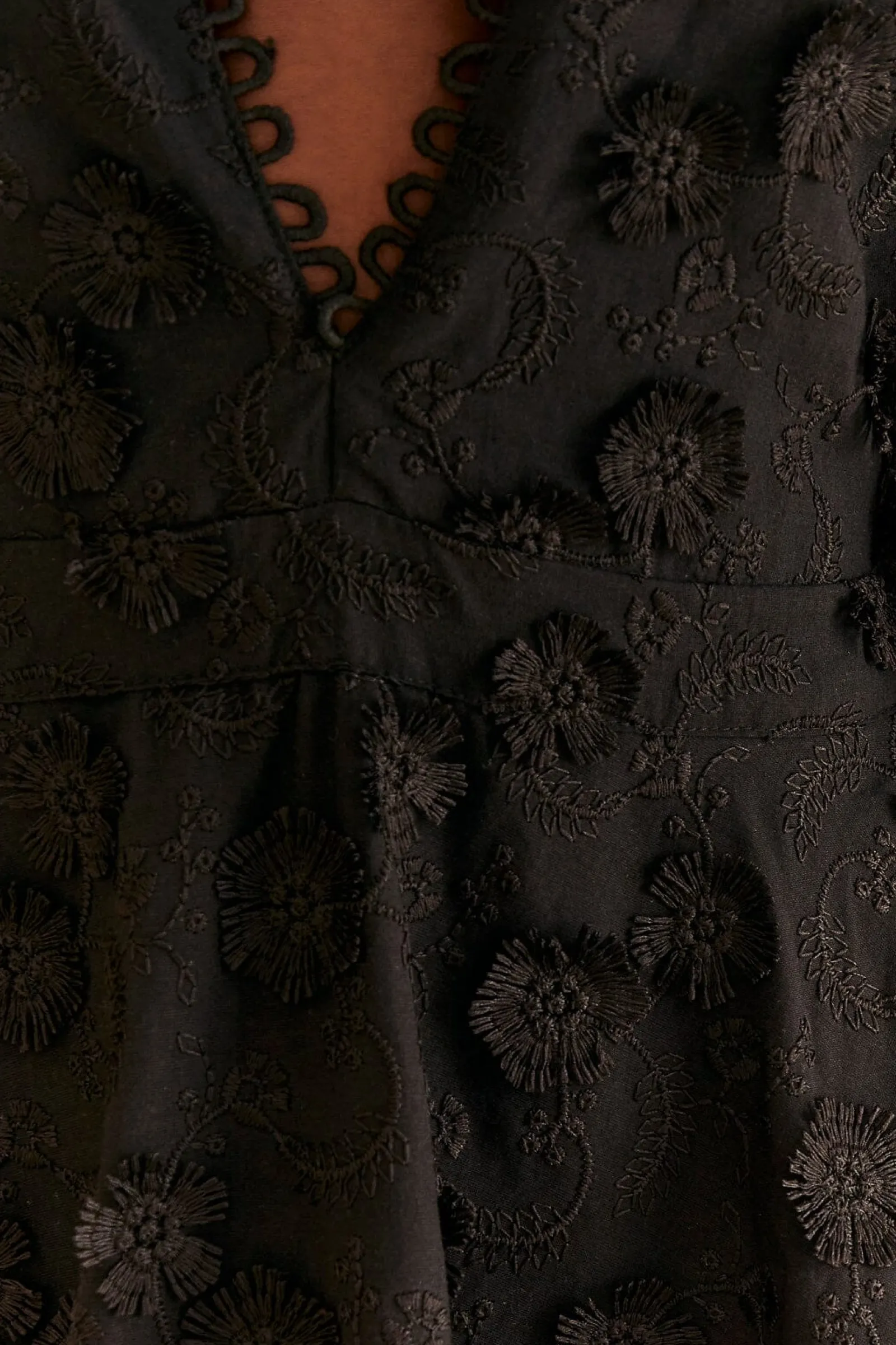 BLACK FLOWERS TEXTURED TIERED MIDI DRESS