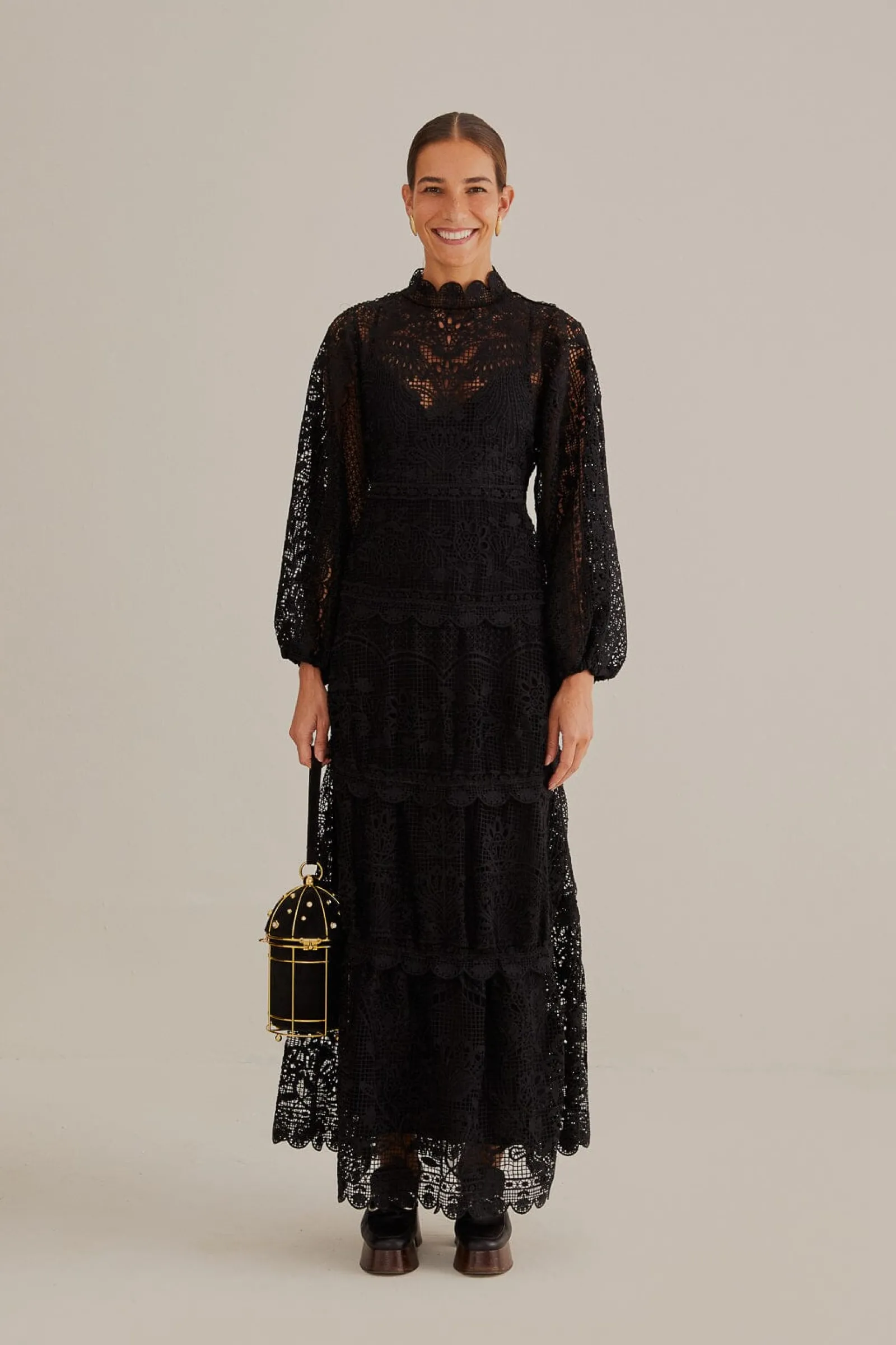  BLACK GUIPURE LONG SLEEVE MAXI DRESS
