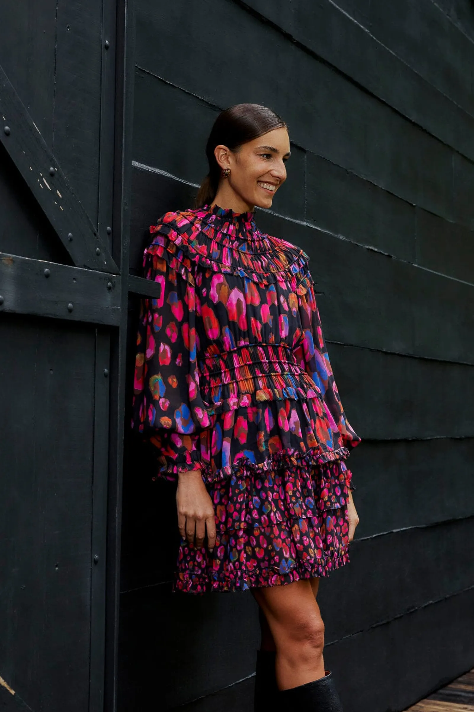 BLACK IRIDESCENT LEOPARDS RUFFLE MINI DRESS