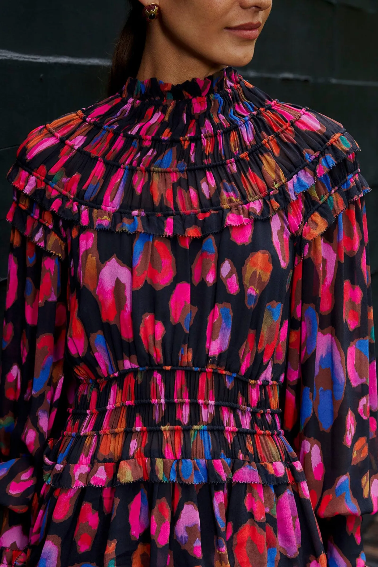 BLACK IRIDESCENT LEOPARDS RUFFLE MINI DRESS