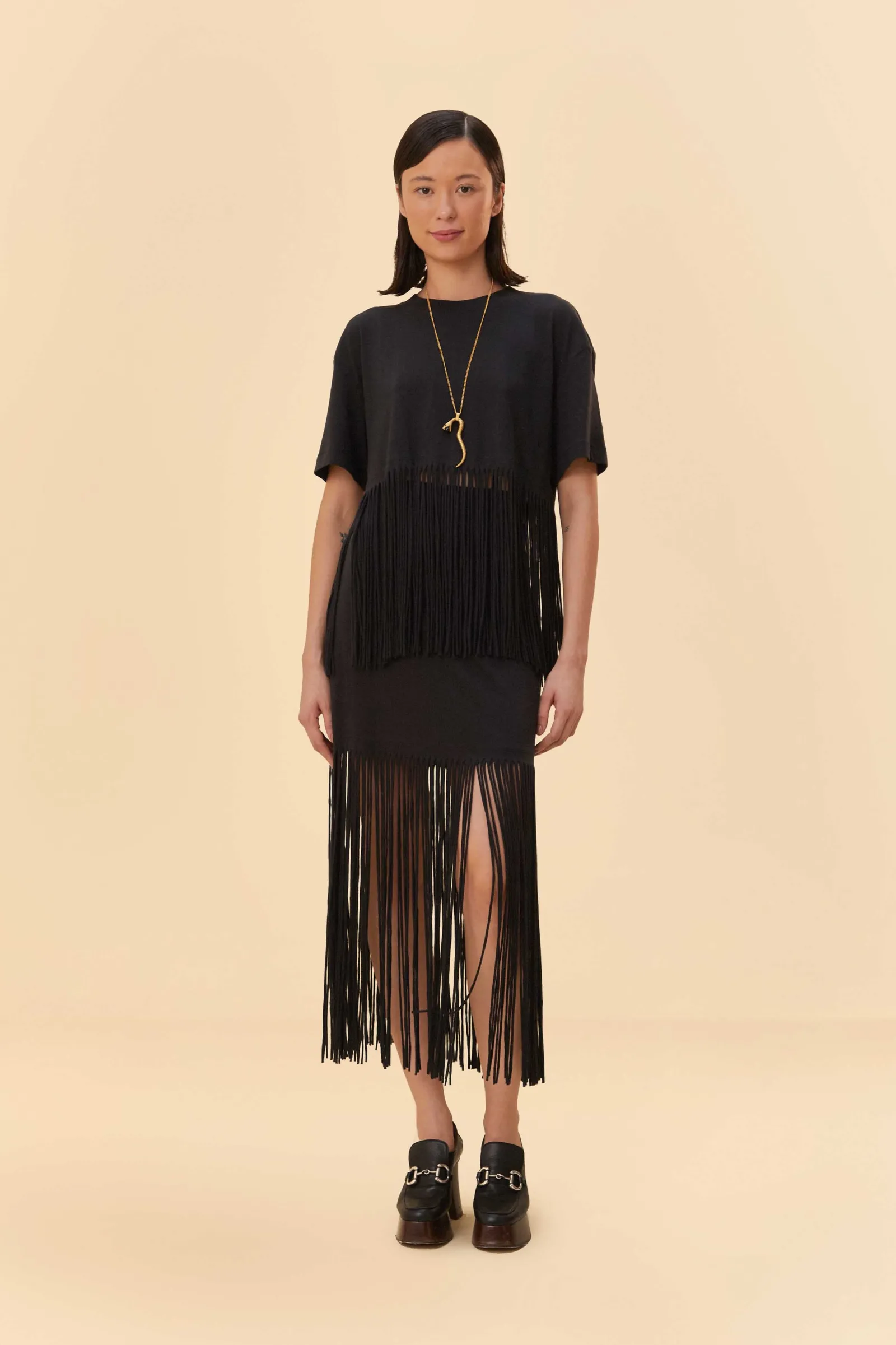  BLACK ORGANIC COTTON FRINGE MIDI  SKIRT