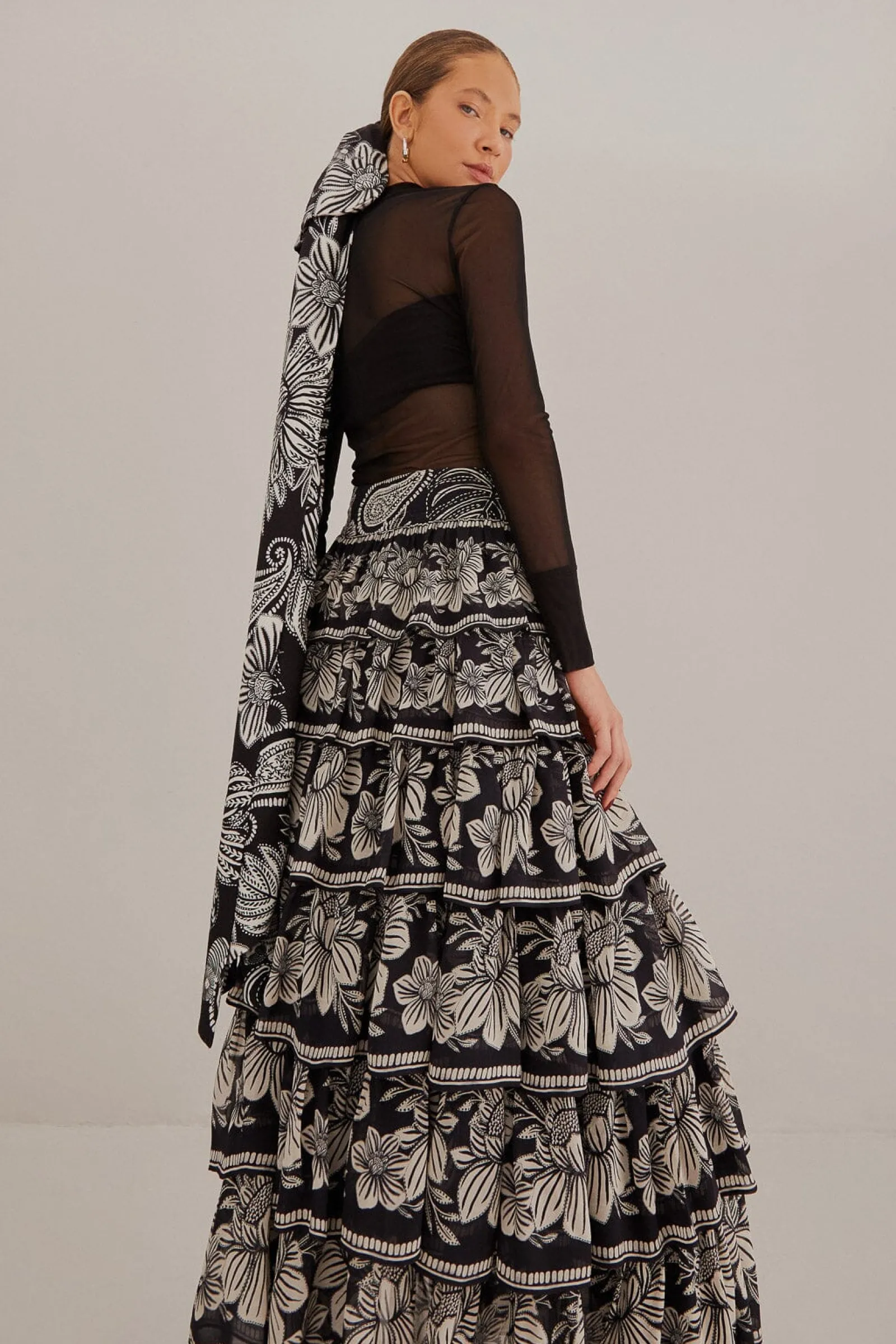 BLACK PAISLEY BLOOM TIERED SKIRT