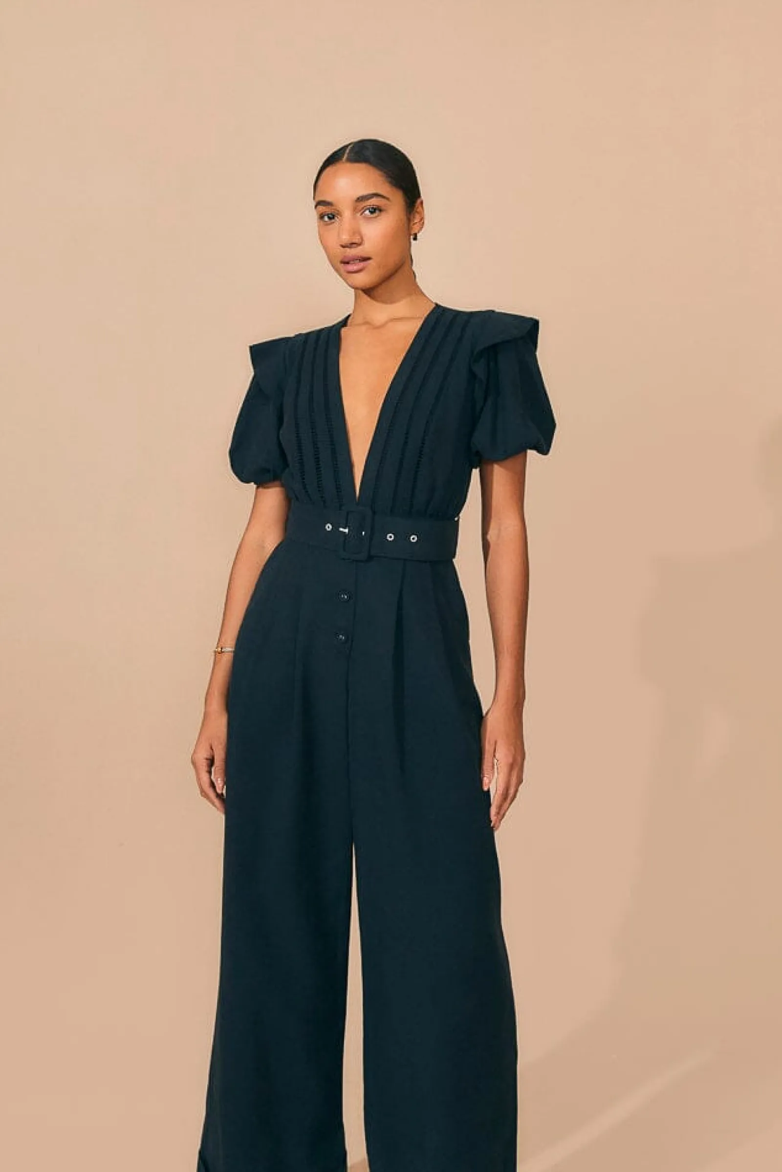 BLACK PLEATED SHORT SLEEVE JUMPSUIT