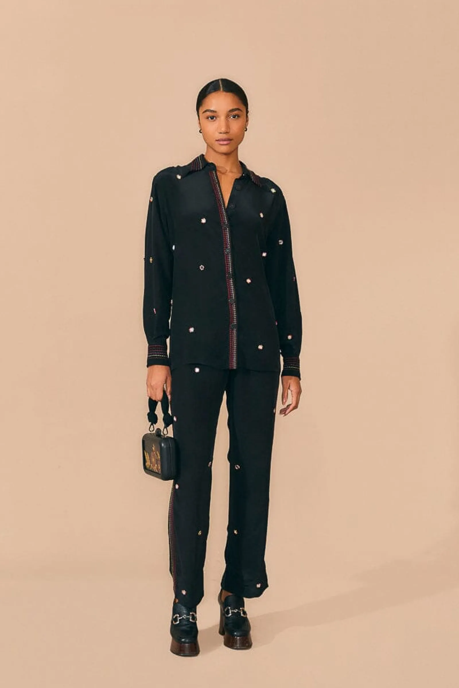  BLACK RAINBOW BEADED MIRROR TRIM PANTS