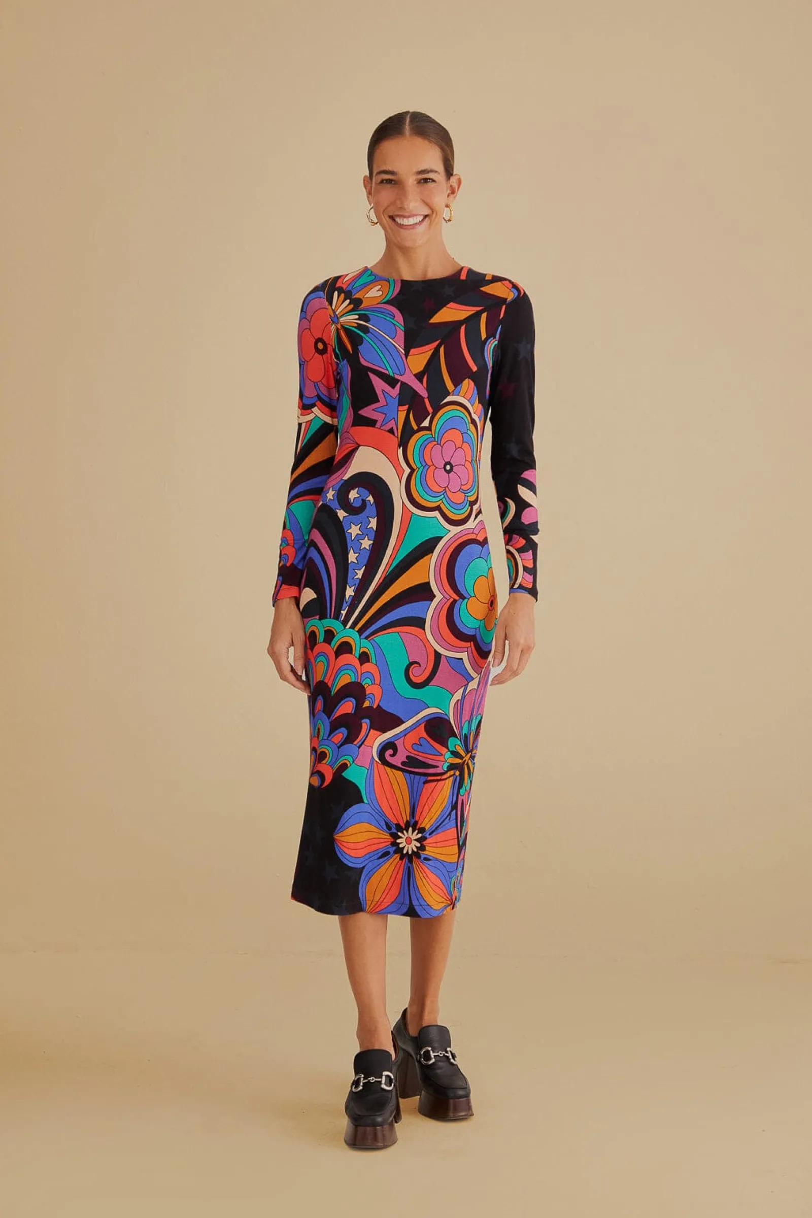  BLACK 70S VIBE LENZING™ ECOVERO™ VISCOSE MIDI DRESS