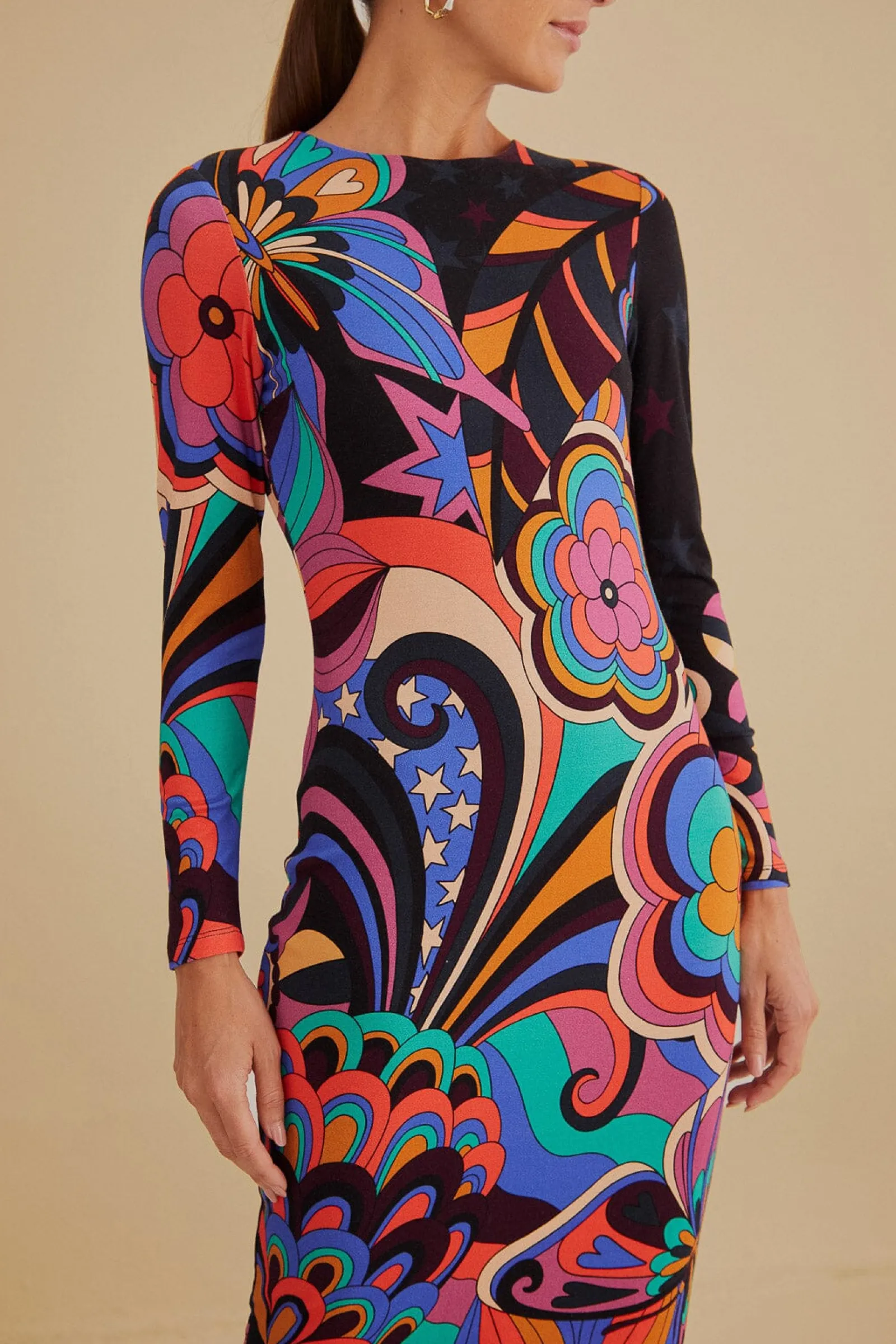 BLACK 70S VIBE LENZING™ ECOVERO™ VISCOSE MIDI DRESS