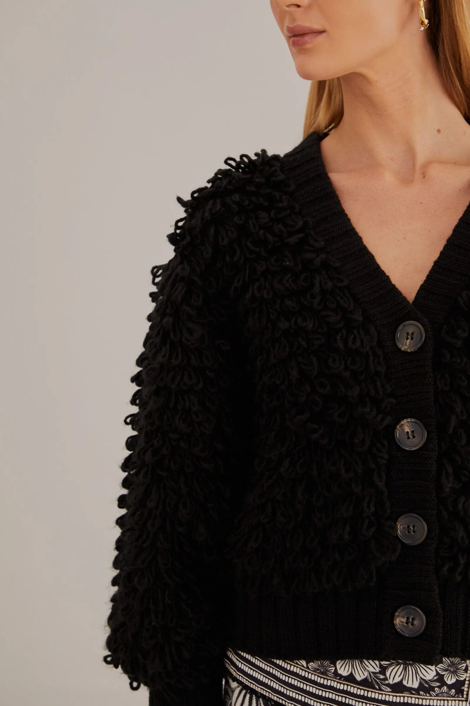 BLACK TEXTURED V NECK CARDIGAN