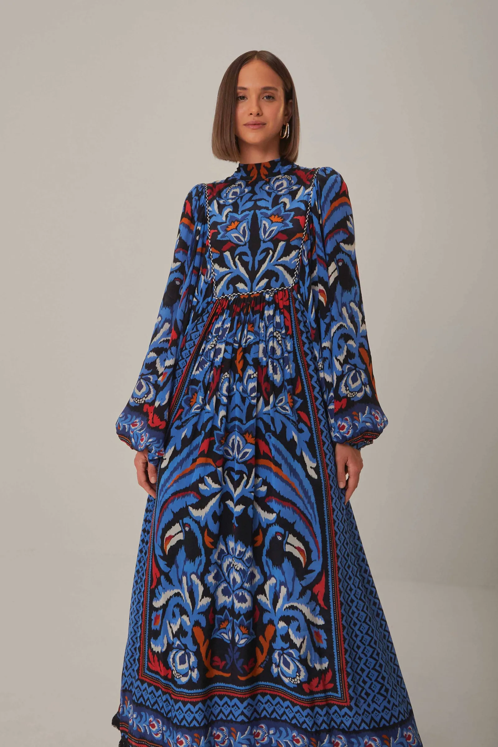  BLACK TOUCANS SCARF LONG SLEEVE MAXI DRESS