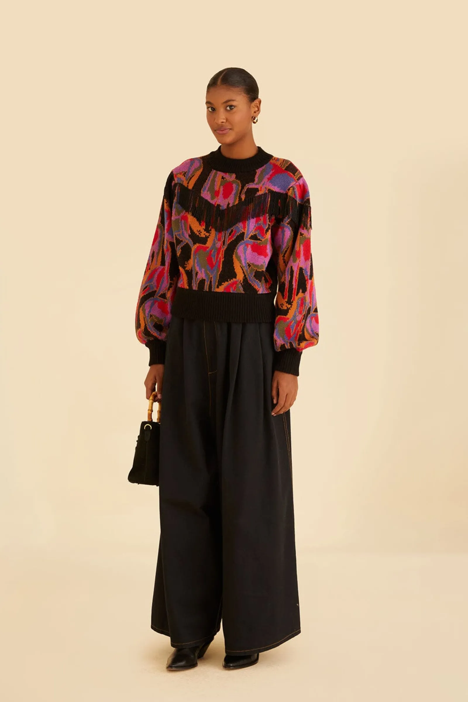 BLACK WILD HORSES FRINGE SWEATER