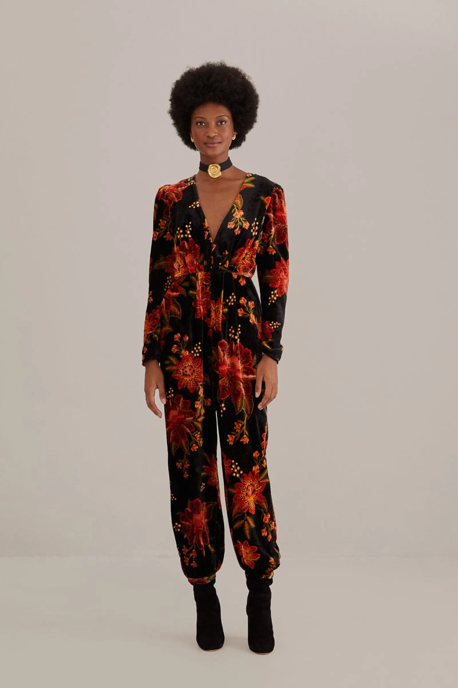  BLACK WINTER BLOOM V NECK JUMPSUIT