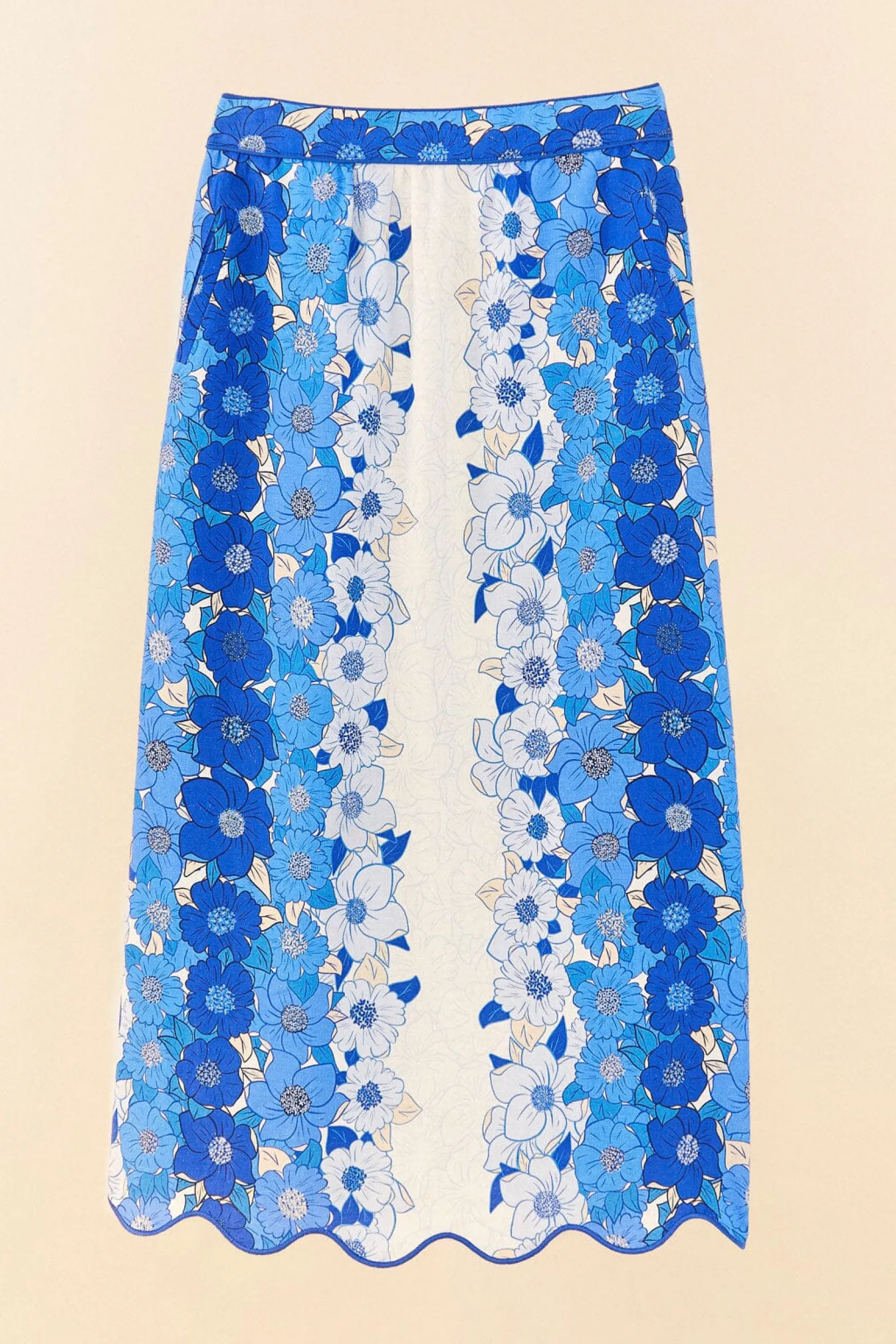 BLUE FLOWER STRIPES MIDI SKIRT