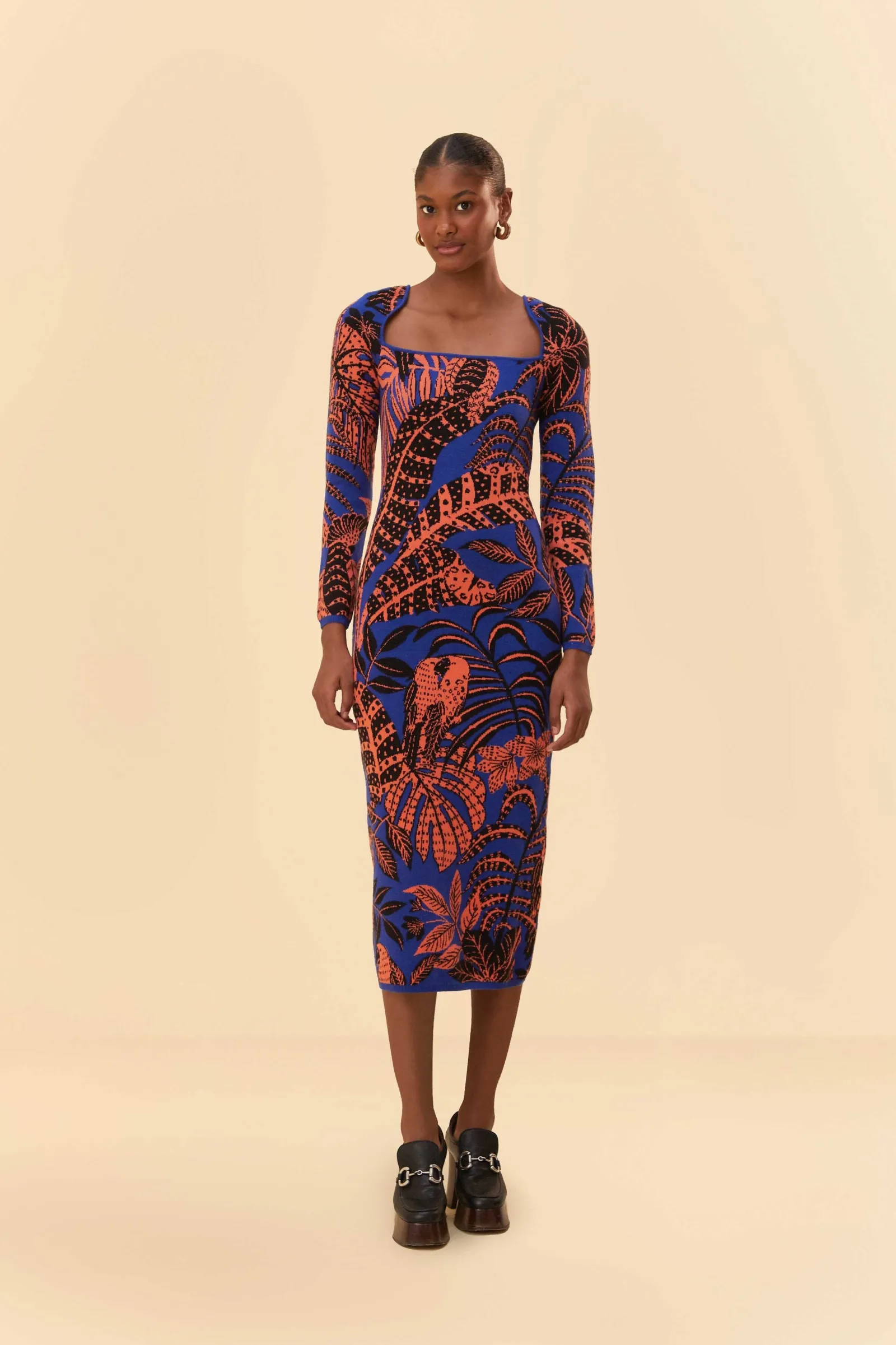  BLUE TROPICAL GOLD LONG SLEEVE DRESS