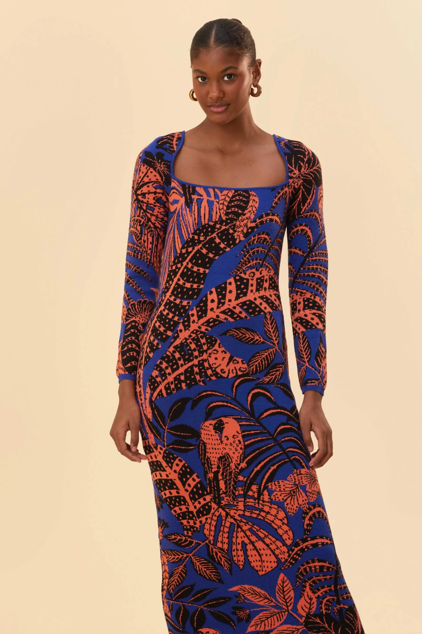 BLUE TROPICAL GOLD LONG SLEEVE DRESS