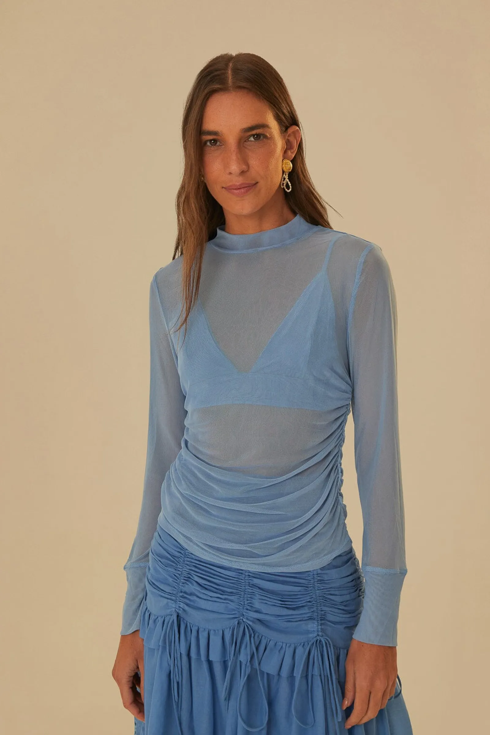  BLUE TULLE LONG SLEEVED BLOUSE