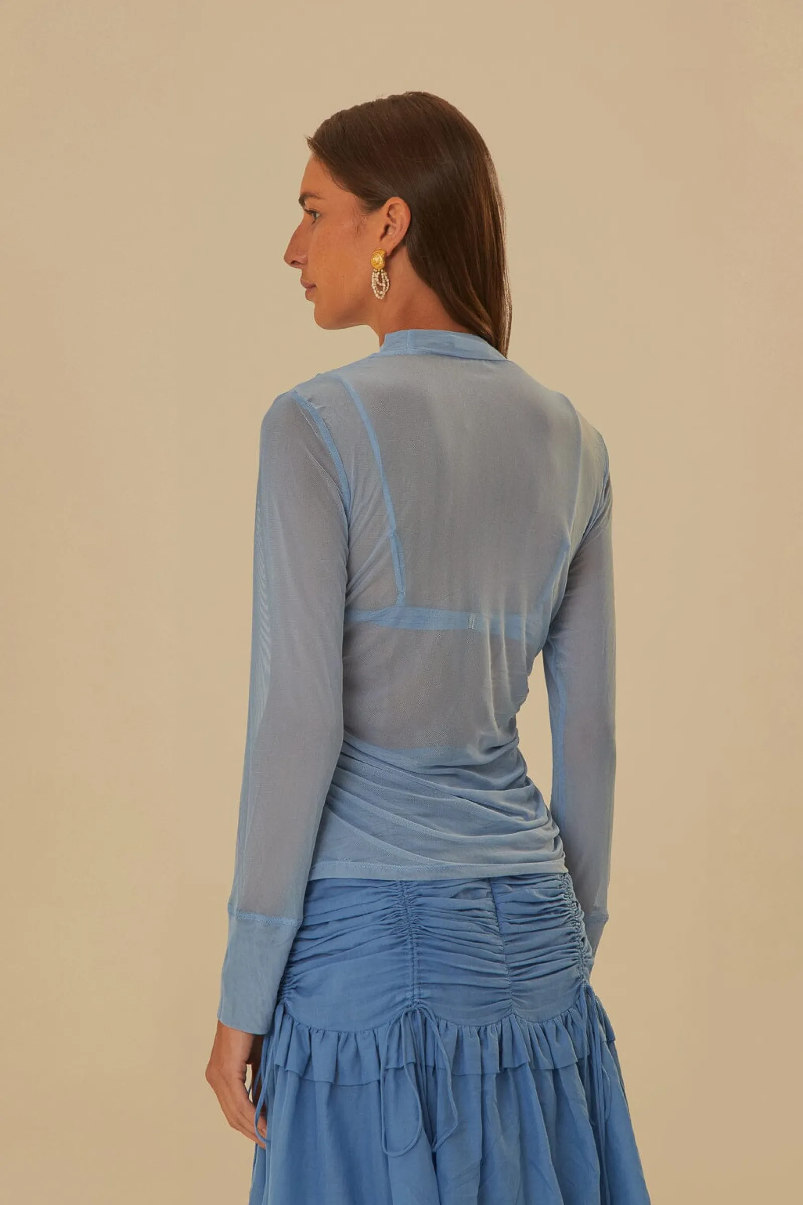 BLUE TULLE LONG SLEEVED BLOUSE