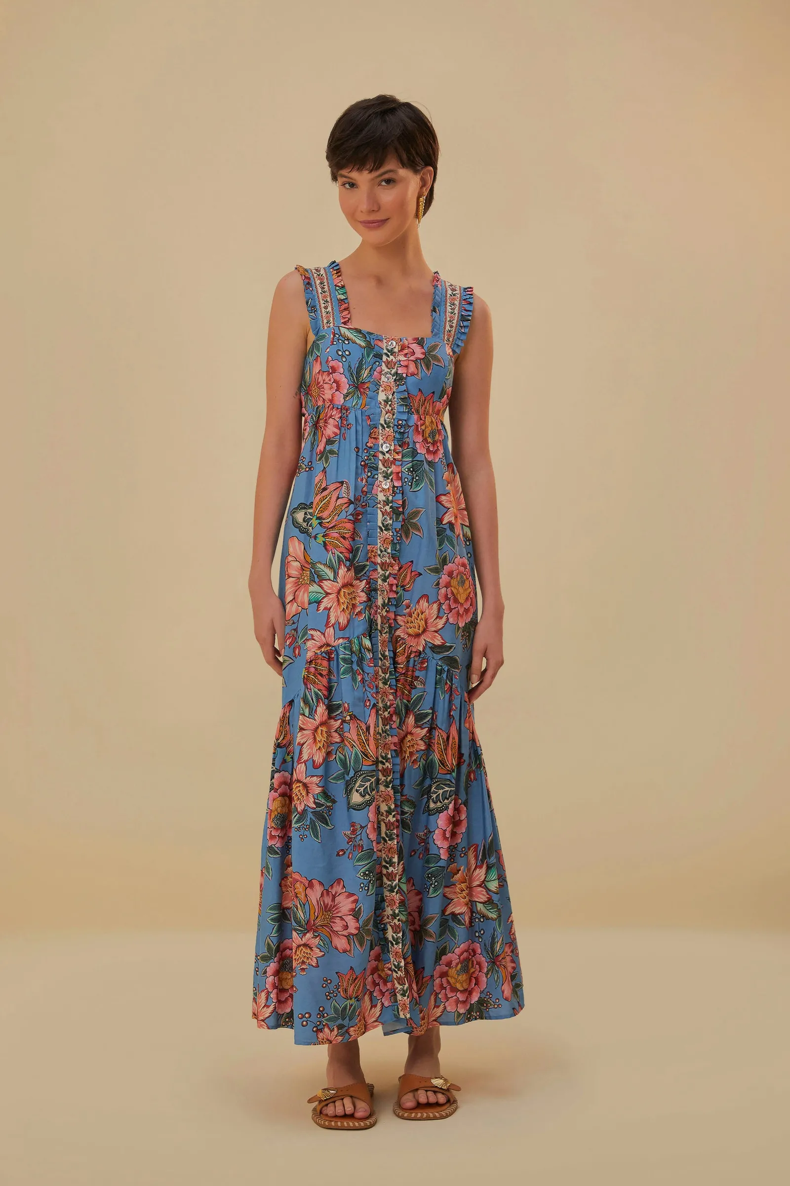 BLUE WONDERFUL BOUQUET SLEEVELESS MAXI DRESS
