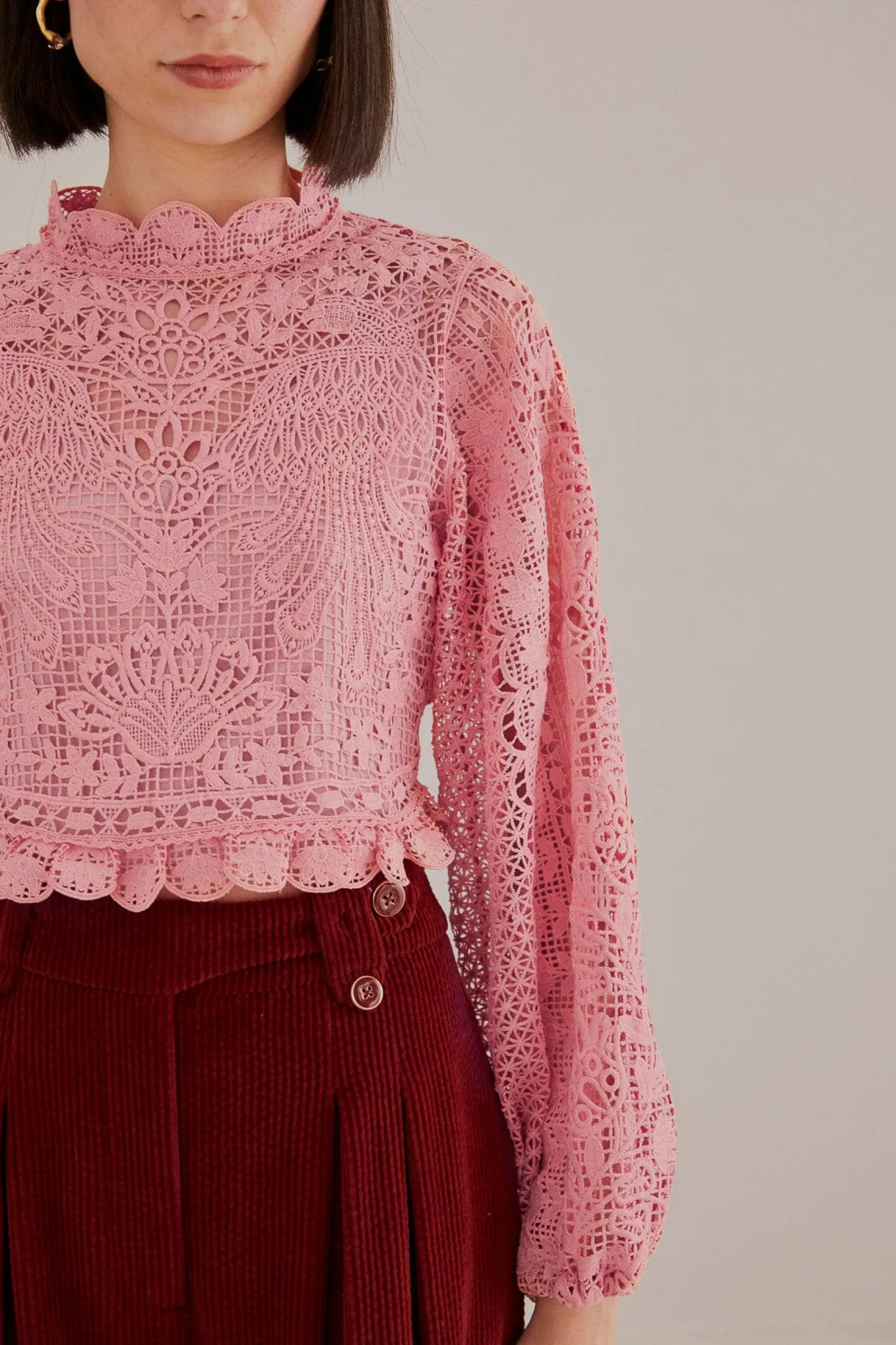 BLUSH PINK GUIPURE LONG SLEEVE BLOUSE