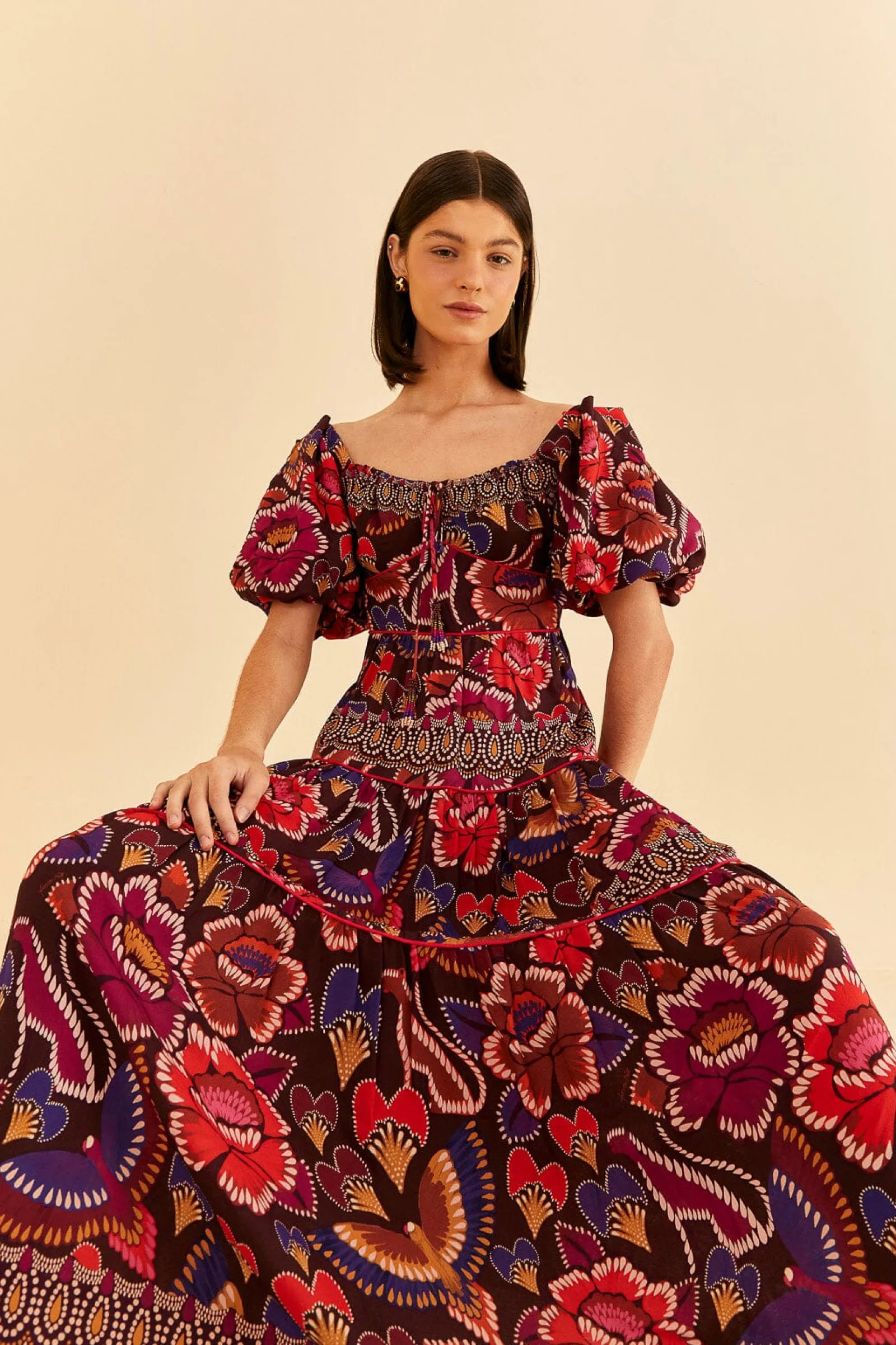  BROWN BRIGHT FLORA SHORT SLEEVE MIDI DRESS