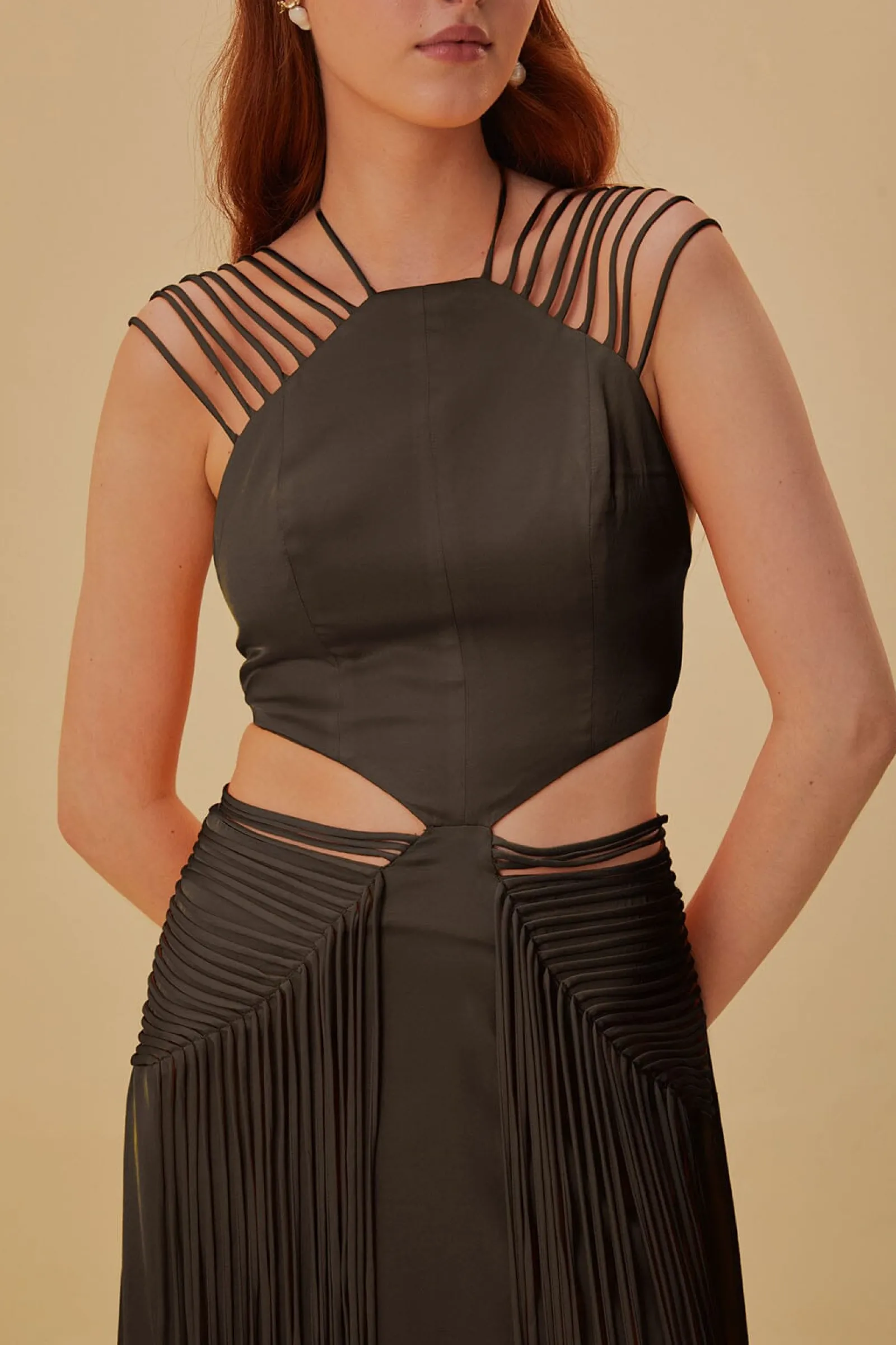 BROWN FRINGED SLEEVELESS MIDI DRESS