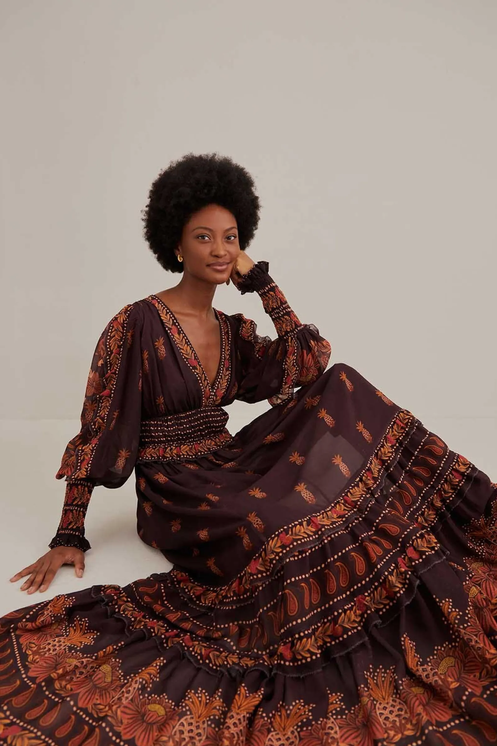 BROWN PAISLEY BLOOM LONG SLEEVE MAXI DRESS