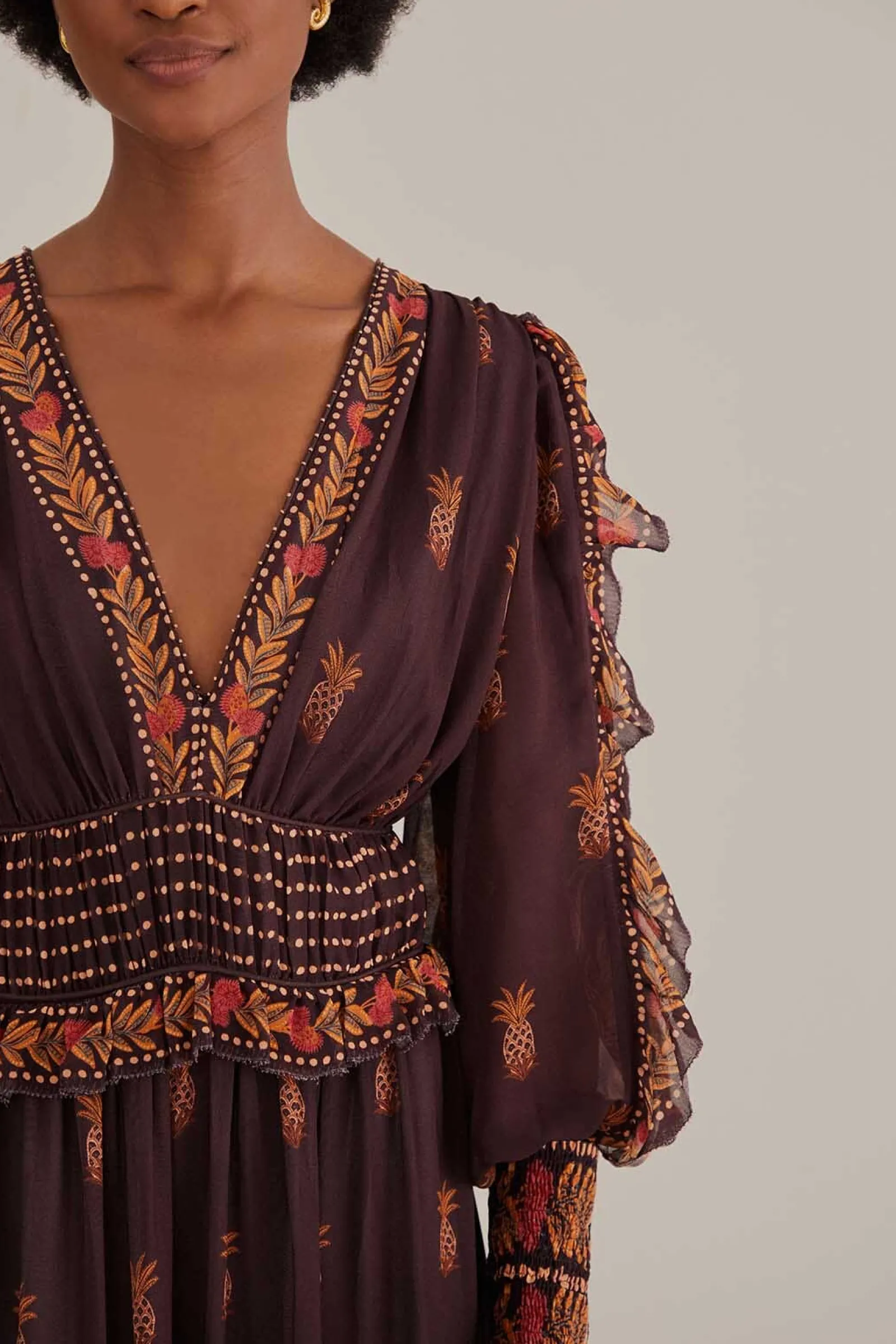BROWN PAISLEY BLOOM LONG SLEEVE MAXI DRESS