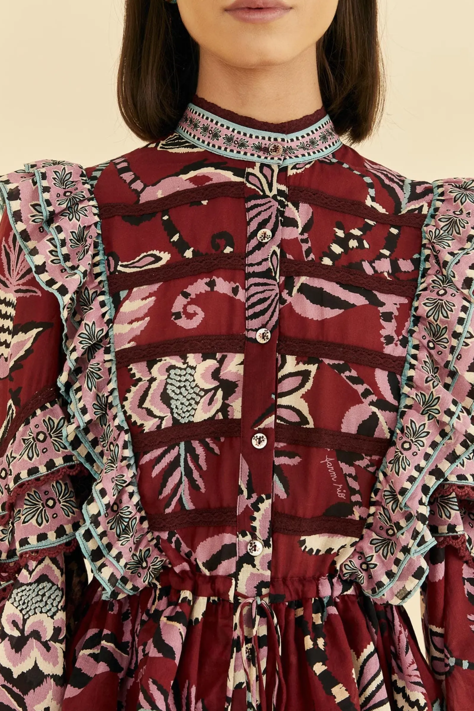 BURGUNDY PINEAPPLE INSPIRATION RUFFLE BLOUSE