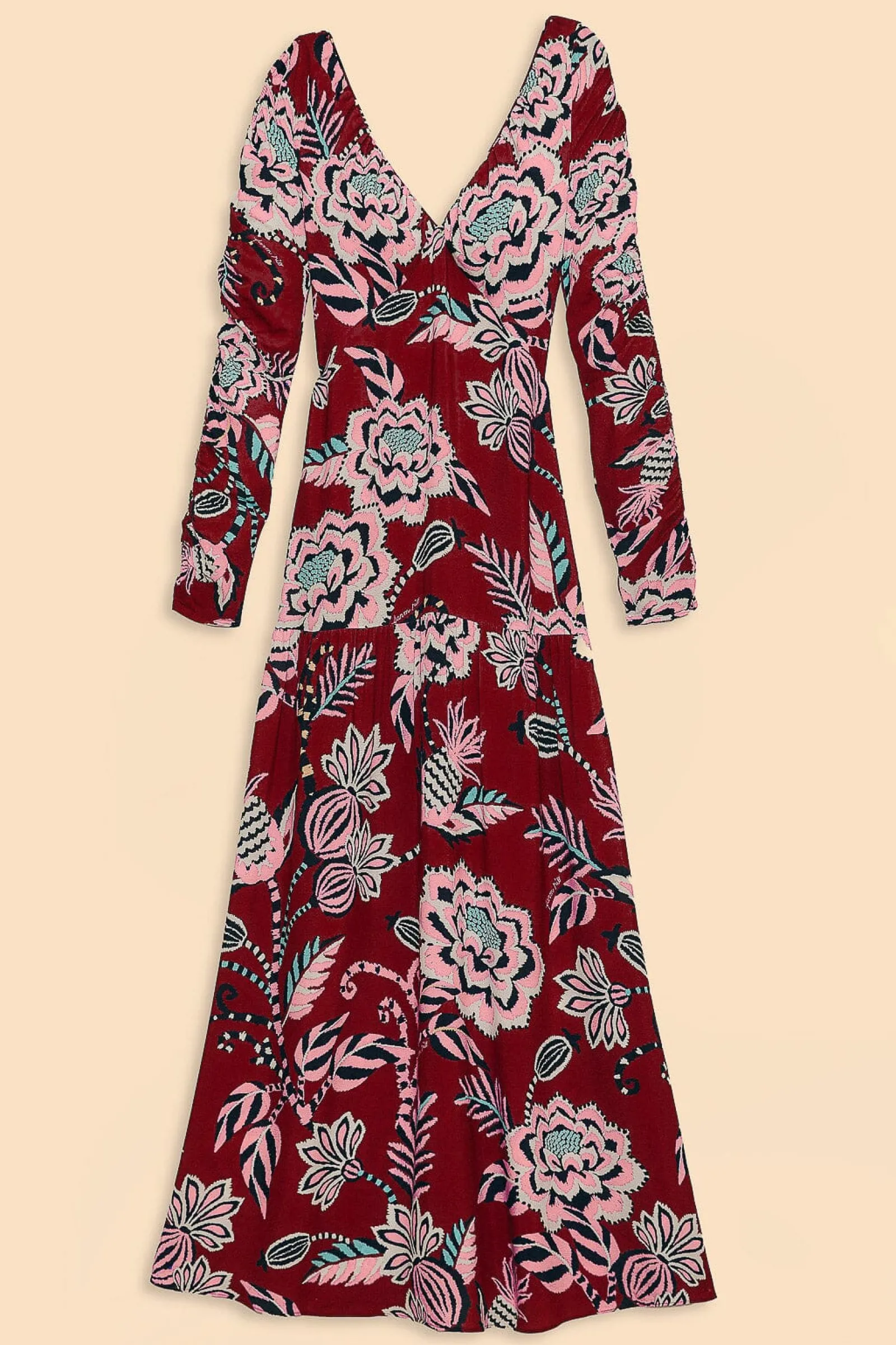 BURGUNDY PINEAPPLE INSPIRATION V NECK MAXI DRESS