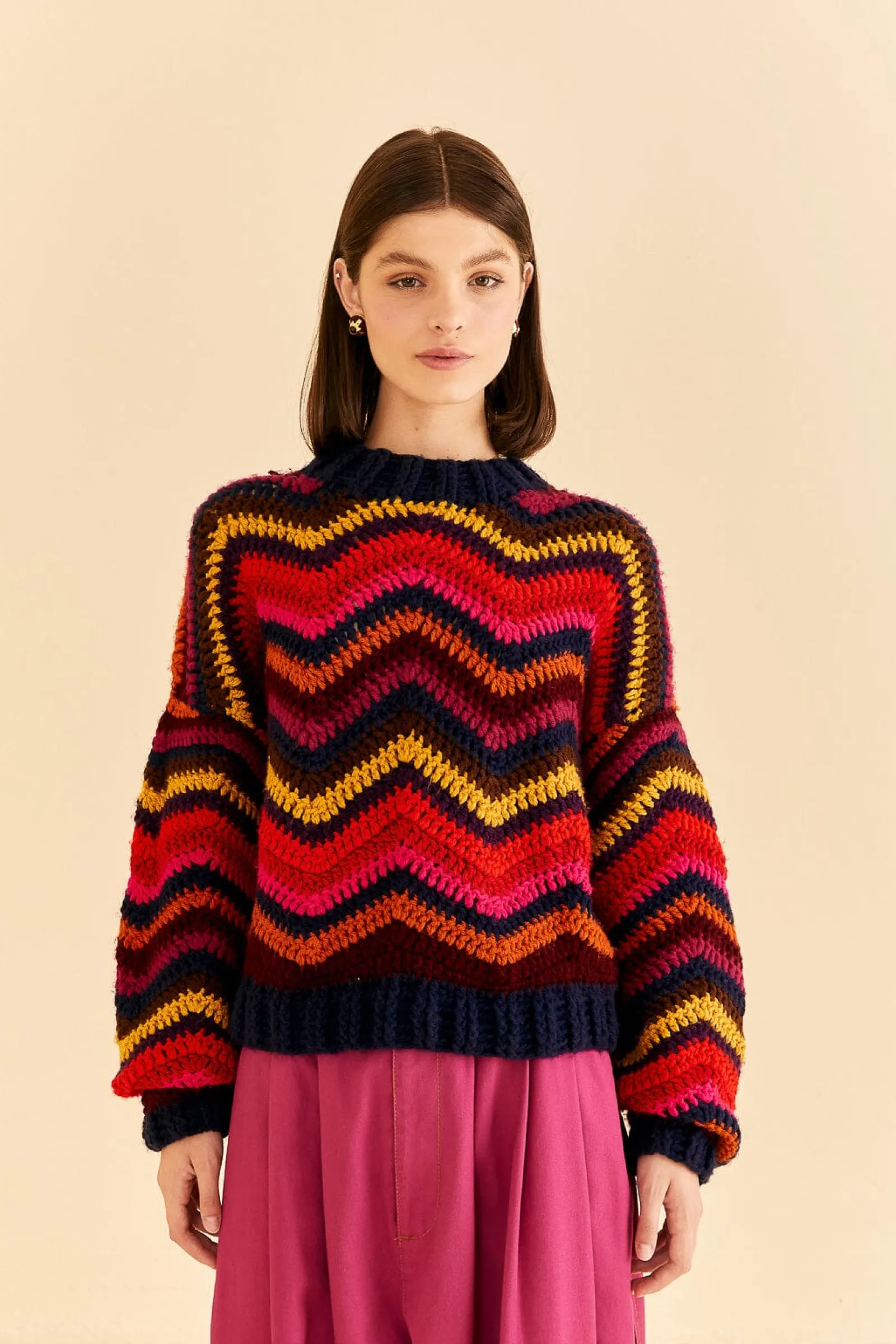  COLORFUL WAVES CROCHET HIGH NECK SWEATER