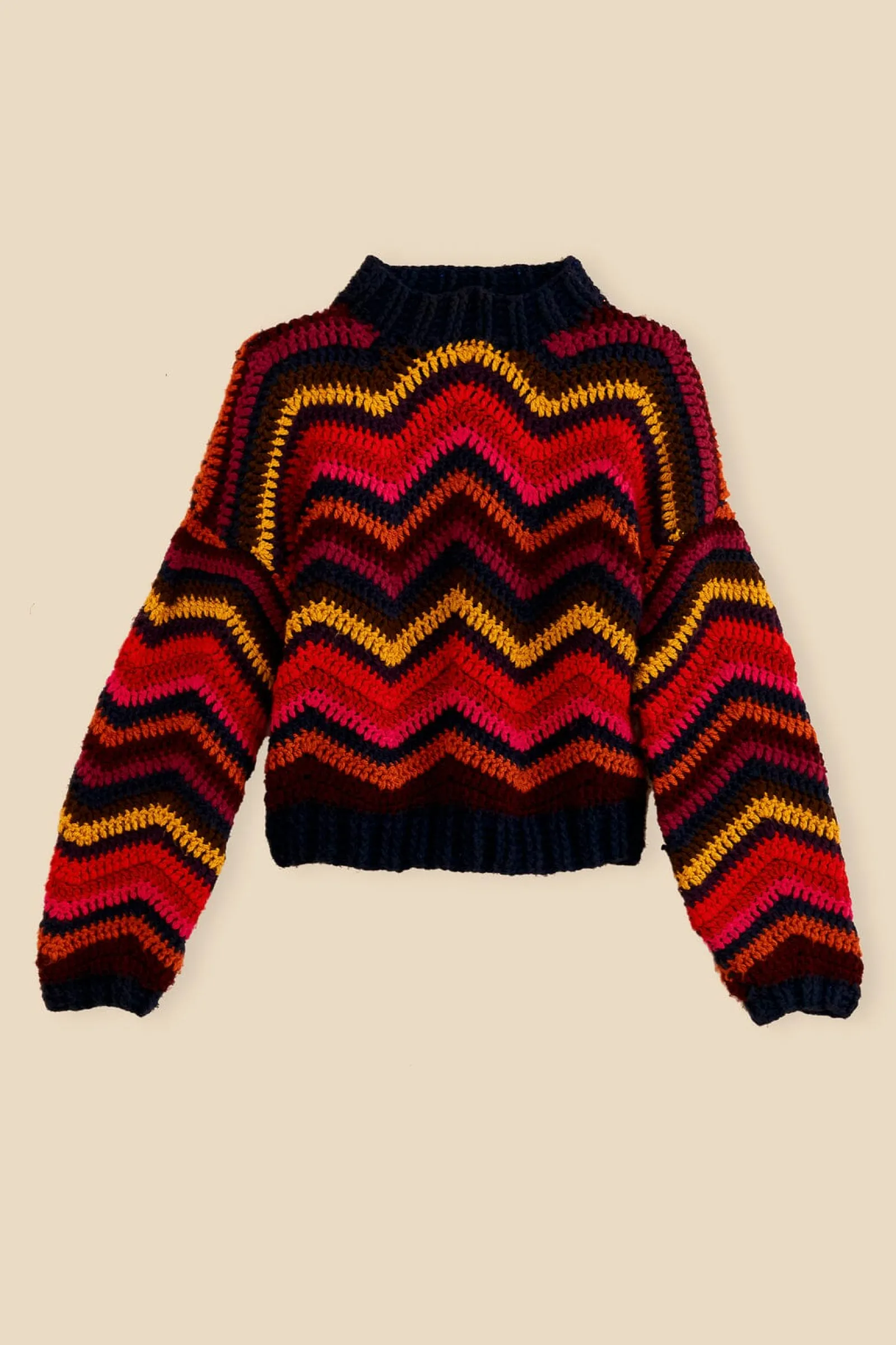  COLORFUL WAVES CROCHET HIGH NECK SWEATER