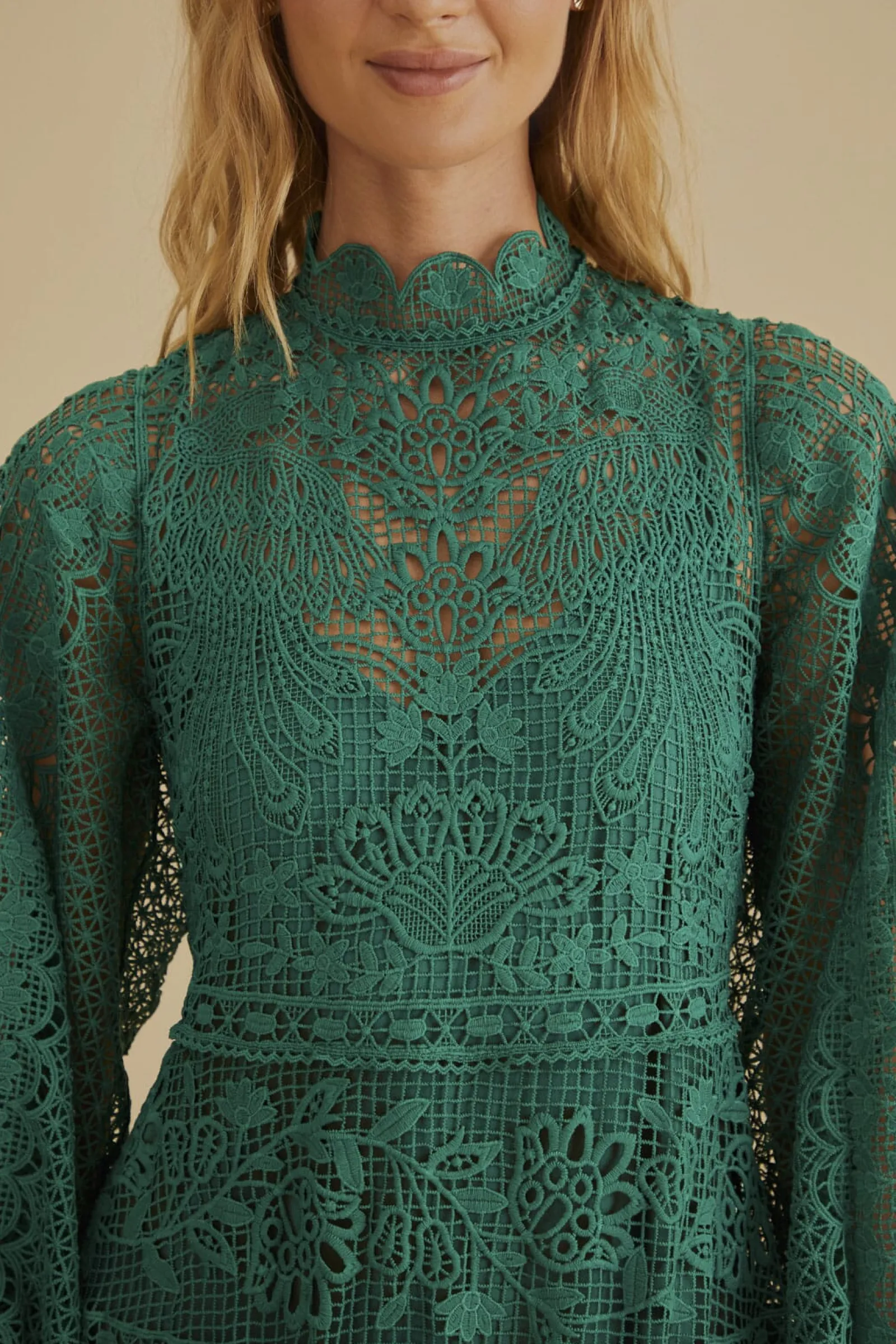 DARK GREEN GUIPURE LONG SLEEVE MAXI DRESS