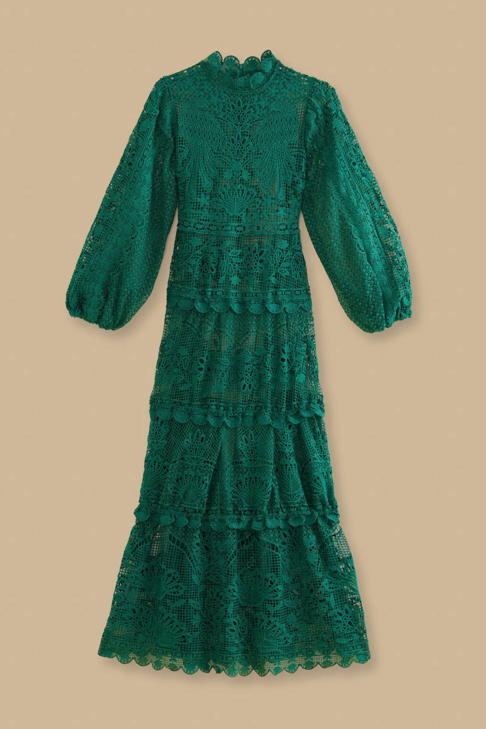 DARK GREEN GUIPURE LONG SLEEVE MAXI DRESS
