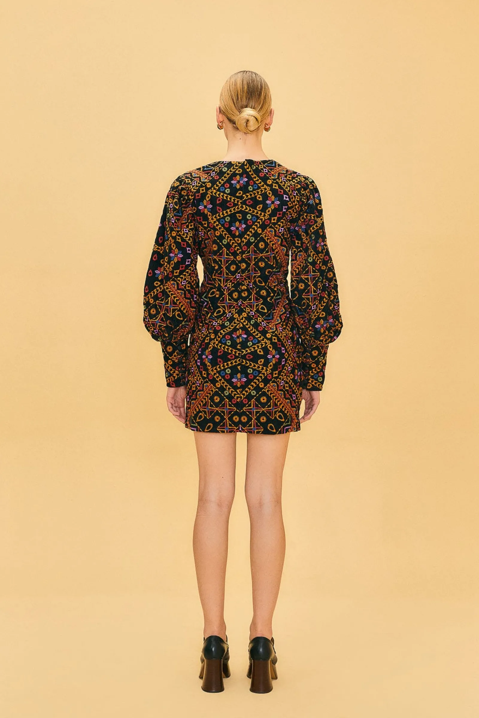 EMBROIDERED CORDUROY PUFF SLEEVE MINI DRESS