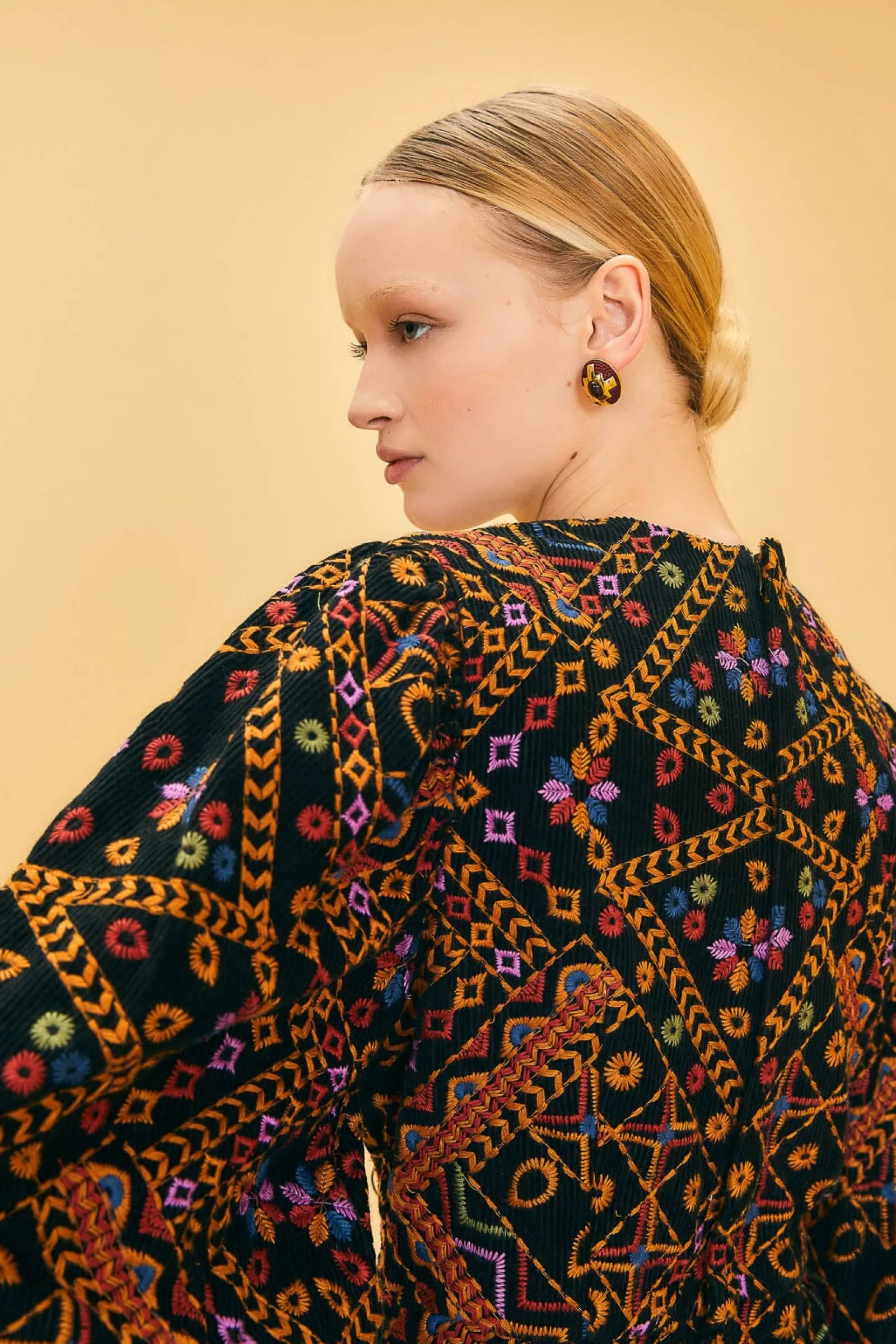 EMBROIDERED CORDUROY PUFF SLEEVE MINI DRESS