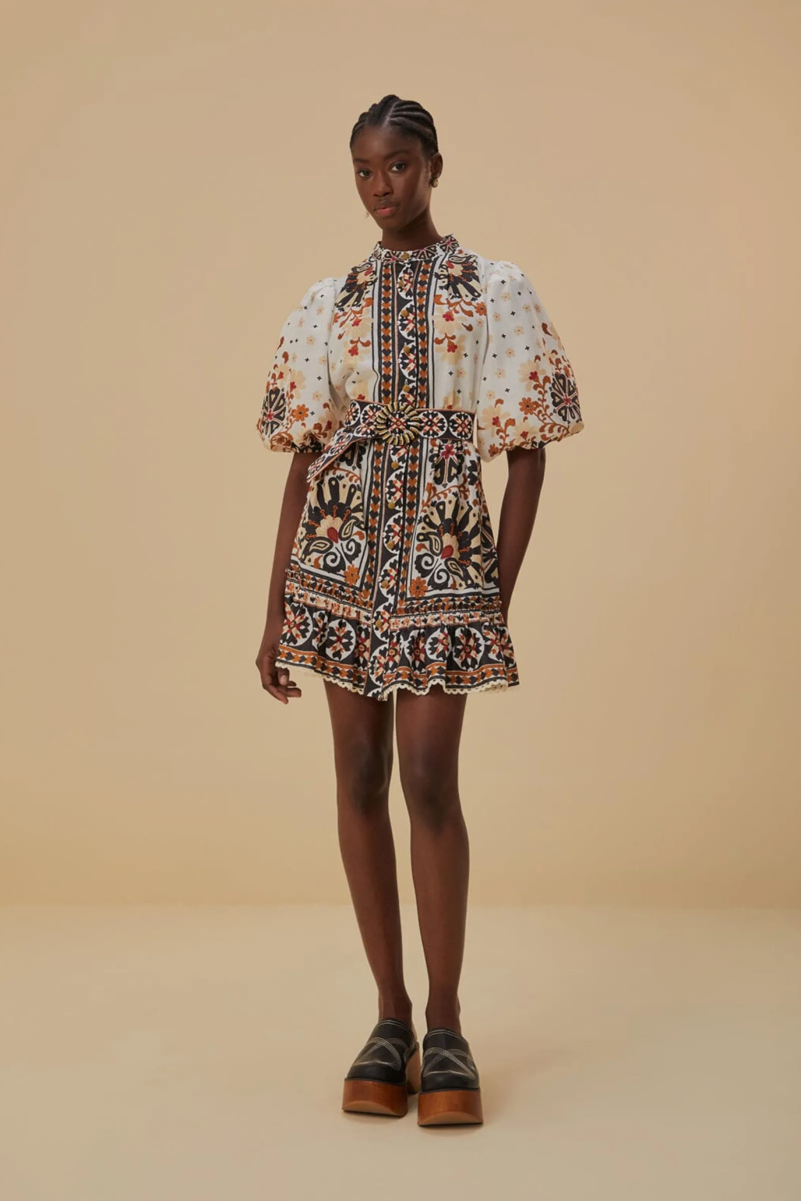 FLOWER FAN TAPESTRY OFF-WHITE MINI DRESS