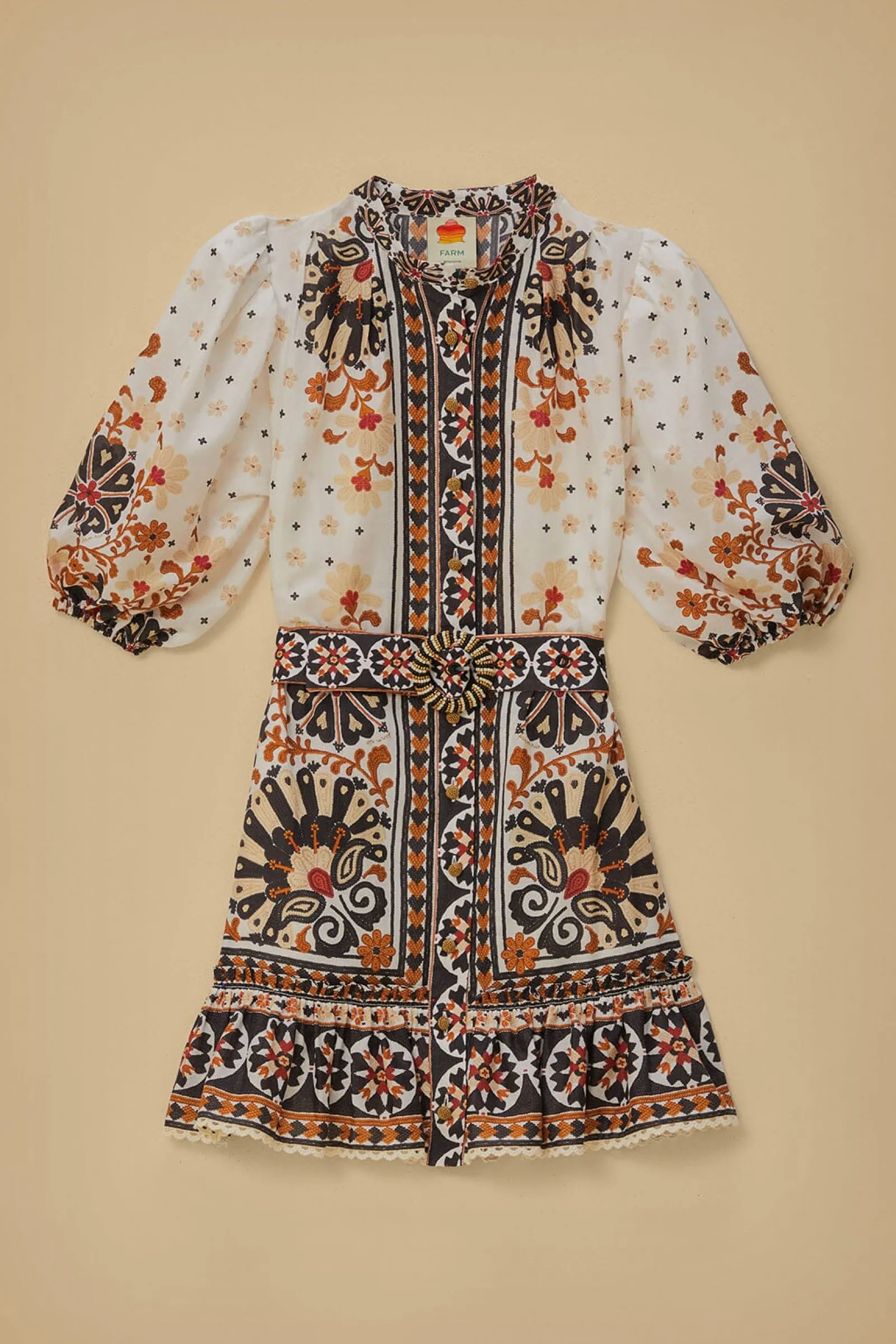 FLOWER FAN TAPESTRY OFF-WHITE MINI DRESS