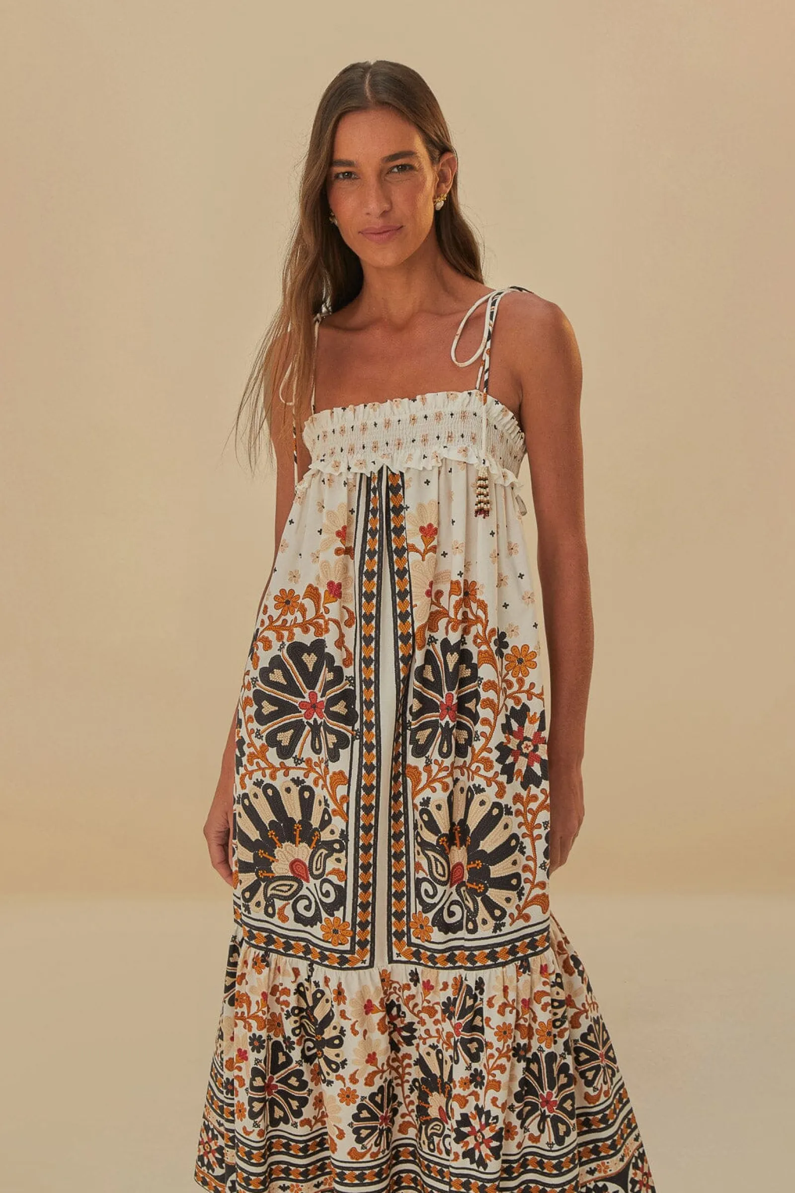 FLOWER FAN TAPESTRY OFF-WHITE MIDI DRESS