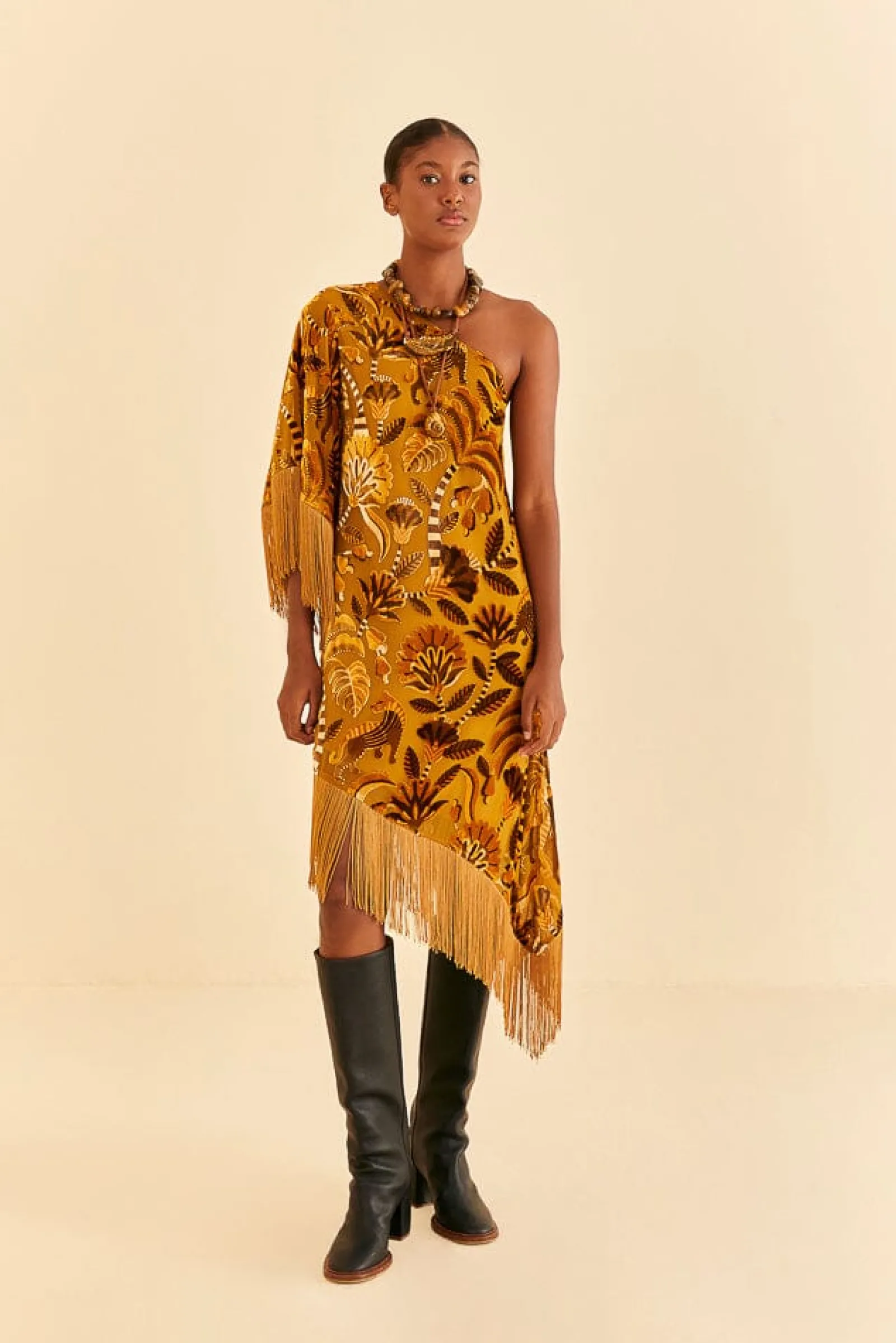  GOLDEN YELLOW VELVET ONE SHOULDER FRINGE DRESS