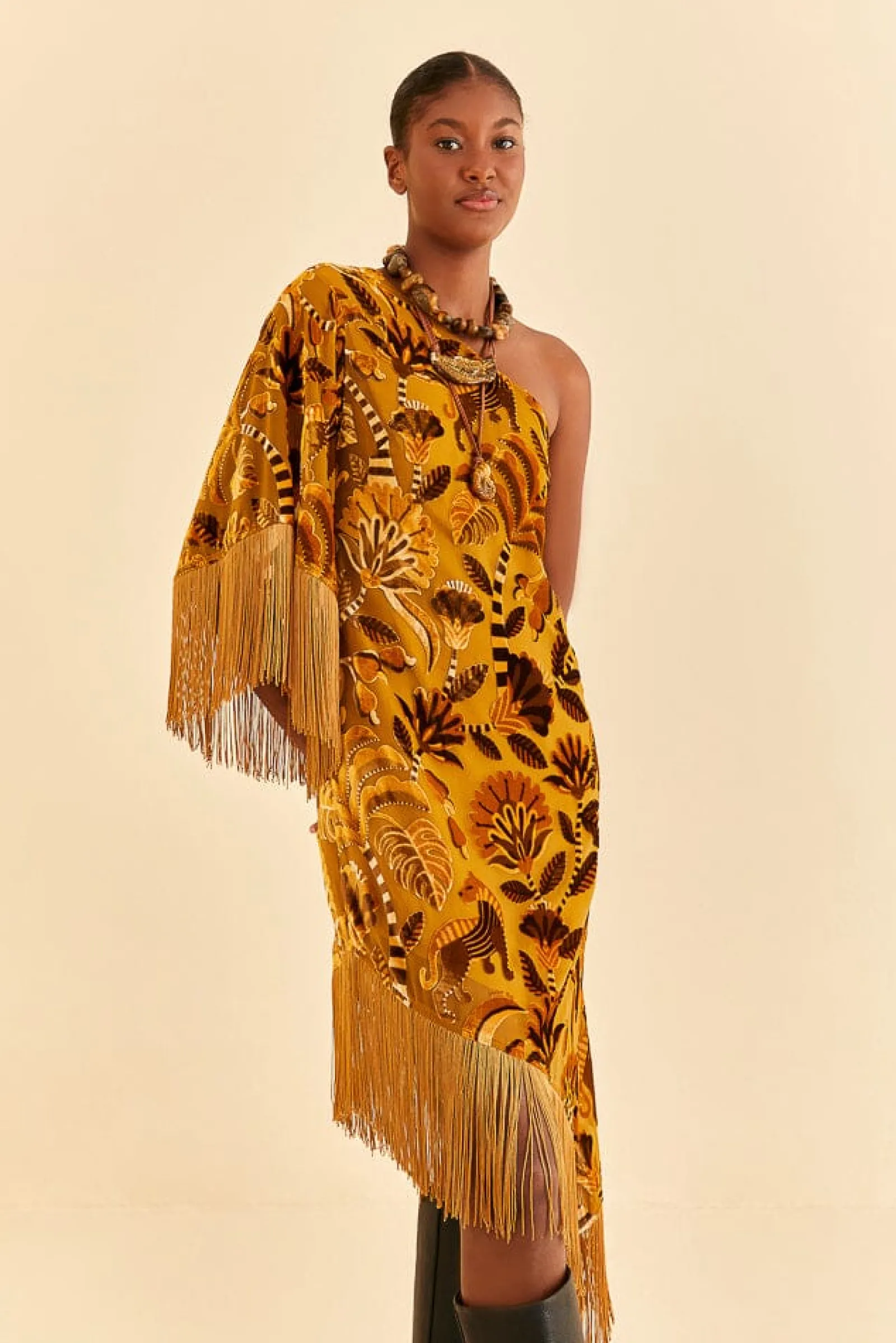 GOLDEN YELLOW VELVET ONE SHOULDER FRINGE DRESS